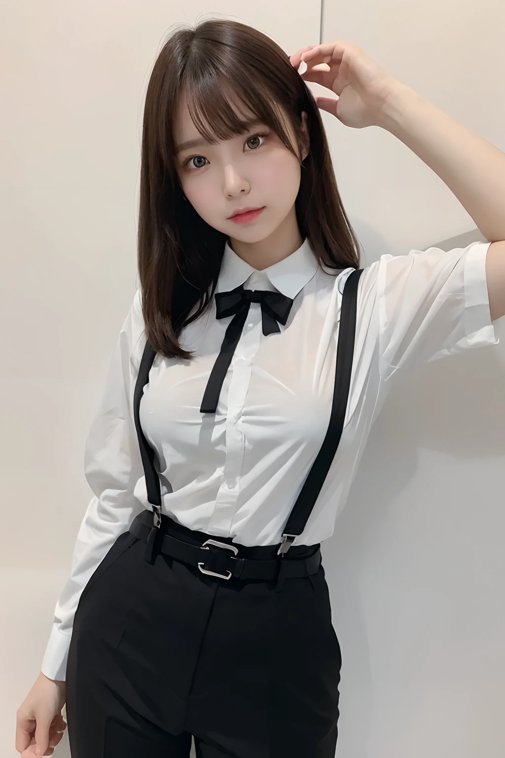 ​masterpiece、flat-colors、depth of fields、lens flare 1 girl、、Brown hair、watching at viewers　　　　a belt　black suspenders　Social OL　　　Too large breasts　　　 　 Armpit sweat　perspiring　Side of both hands　　walls: Black Suit　Black pants, Black jacket