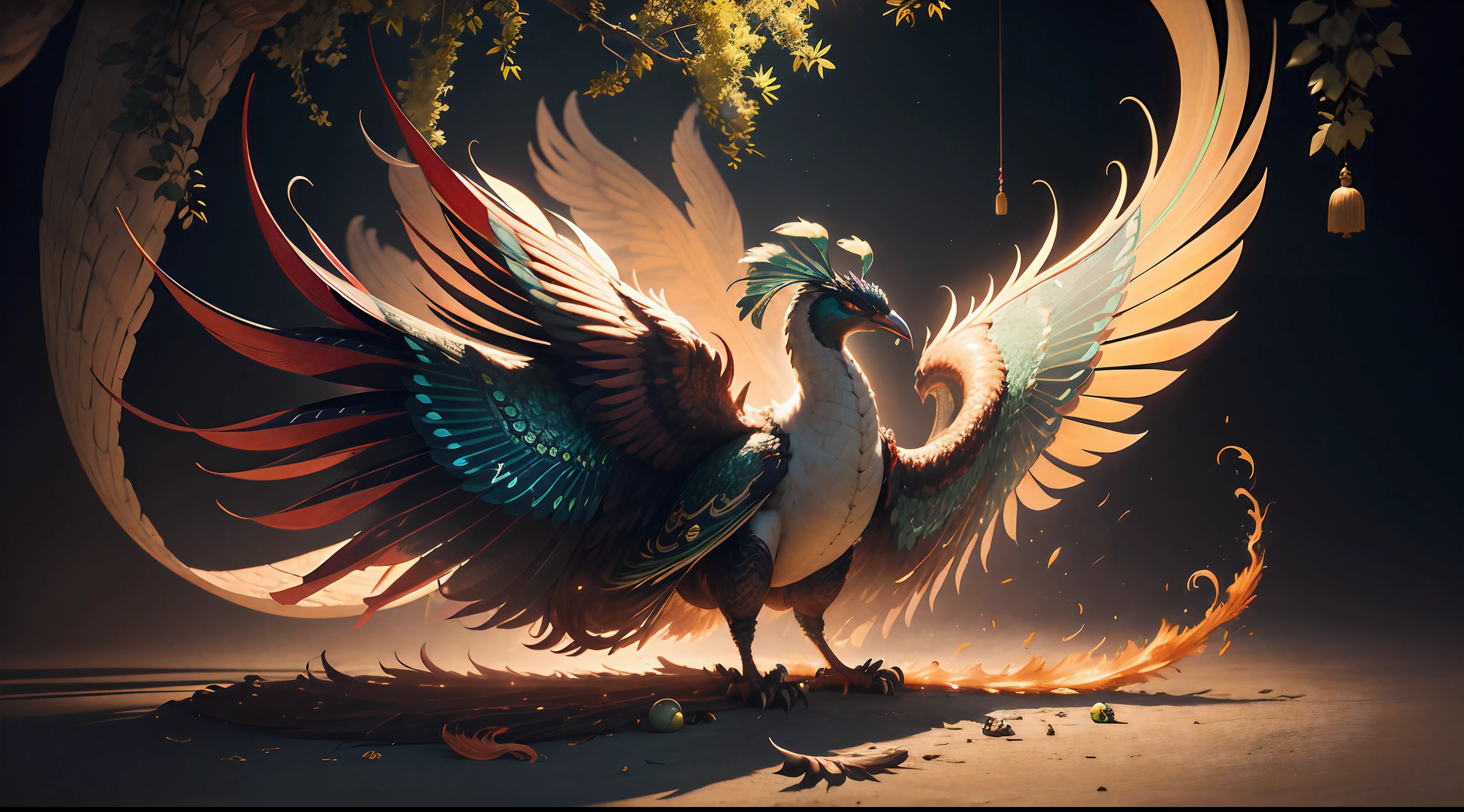 peacock,chinesedragon,Big peacock,fatness,The body is hugely fat,Feathers like Chinese phoenixes,Peacock wings,It has countless thick dragon tails,The tail has the tail feathers of the Chinese phoenix peacock,Dressed in a variety of Chinese national costumes,Peacock eggs are about to be produced,The main body is parasitic on the belly of a Chinese phoenix,In the nest of the branches of the phoenix's hatching trees,agony,rot,de cor laranja,yellow,green,blue,blanche,fantasy,photorealestic,mito,Feather,8K,China-style,oc rendered,super-fine,high qulity,A high resolution,ultra - detailed,Perfectcomposition, Beautiful intricate details, 8K art photography, Arte conceptual fotorrealista, soft natural volumetric cinematic perfect light, Chiaroscuro, Full body standing painting,best qualtiy,Best resolution