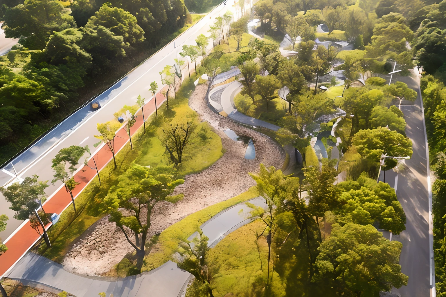 Aerial view of the road with bike paths and parks, landscape architecture photo, parks and public space, sangyeob park, A park, View from above, photo taken from above, Bird's eye view, looking from above, looking from above, cut, twisted waterway, park landscape, ( Visually stunning, shaxi, information, entertainment