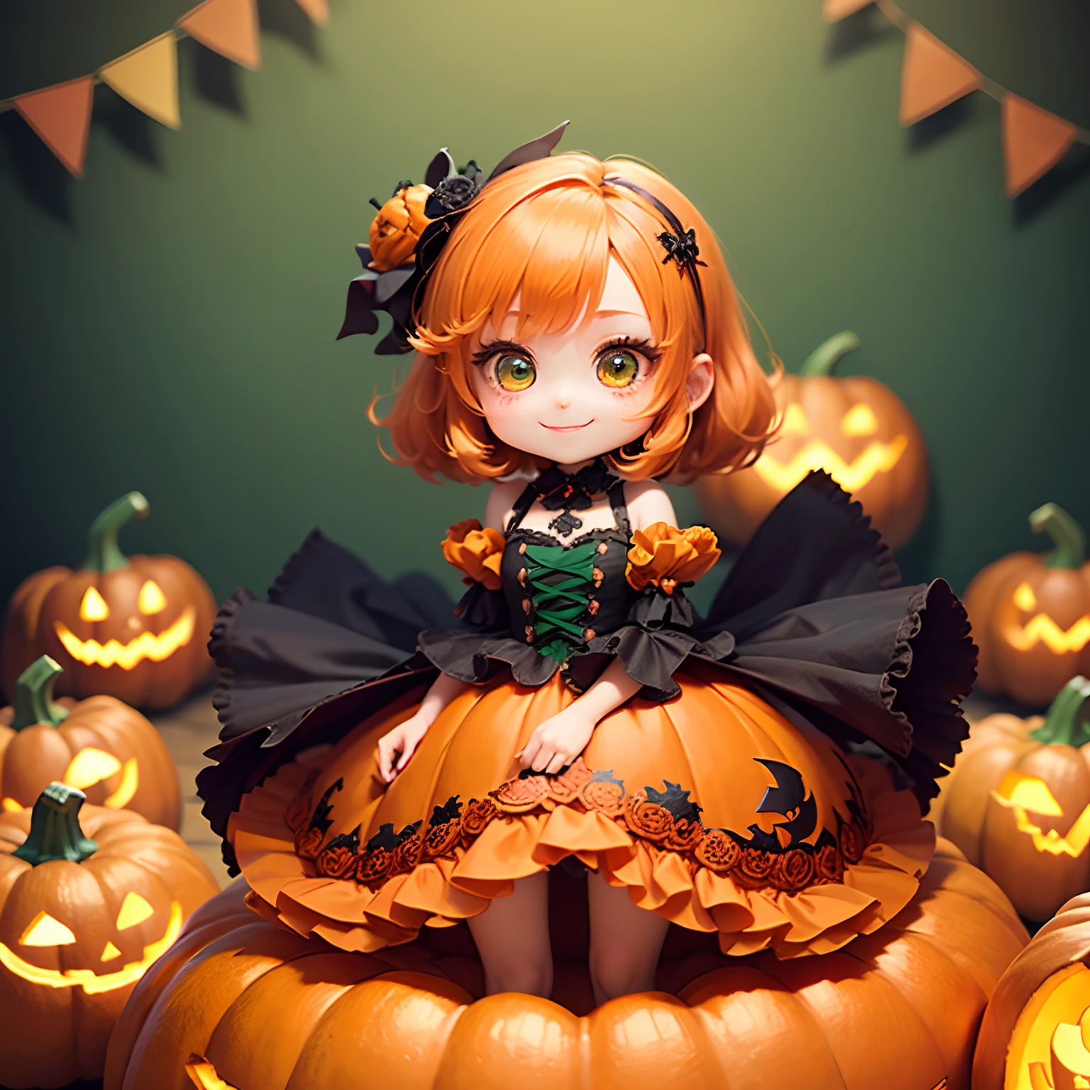 ​masterpiece、top-quality、ultra-detailliert、(Chibi Chara Pumpkin Princess:1.3)、Orange hair swaying in the wind、Green eyes、Sit on the pumpkin、(For a long orange dress、It is embroidered with frills and peplums:1.3)、Green roses bloom、Orange Pumps、Halloween Cosplay、The background is a Halloween revelry、A smile、Standing、