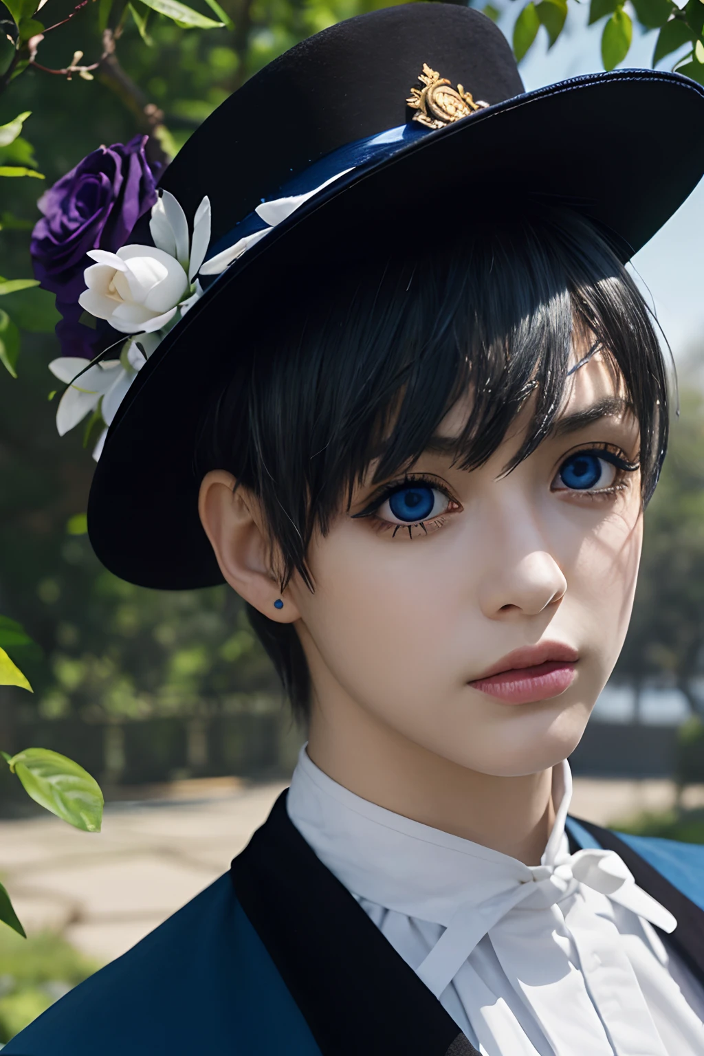 (Best Quality,4k,8k,highres,巨作:1.2),A highly detailed,(Realistic,Realistic Photos,Realistic Photos:1.37),portrait,anime,Phantomhive Sky,boy,10 years old,NAKED,dark hair,Intense look,pale skin,Royal Uniform,Classic Victorian style,Stylish clothes,Precision stitching,Feather trimmed hat,Golden accents,deep blue eyes,Purple eye patch,Detailed lashes,exquisite facial features,serious expression,Confident attitude,Stand in a majestic garden,Pruned hedges,Decorative stone statues,Elaborate fountain,Blooming roses,Soft natural light,Dramatic shades,Hidden lens glow,vibrant colours,Rich color scheme,Royal Purple,Royal Blue,Delicate pastel tones,Gentle sunlight flows through the leaves.