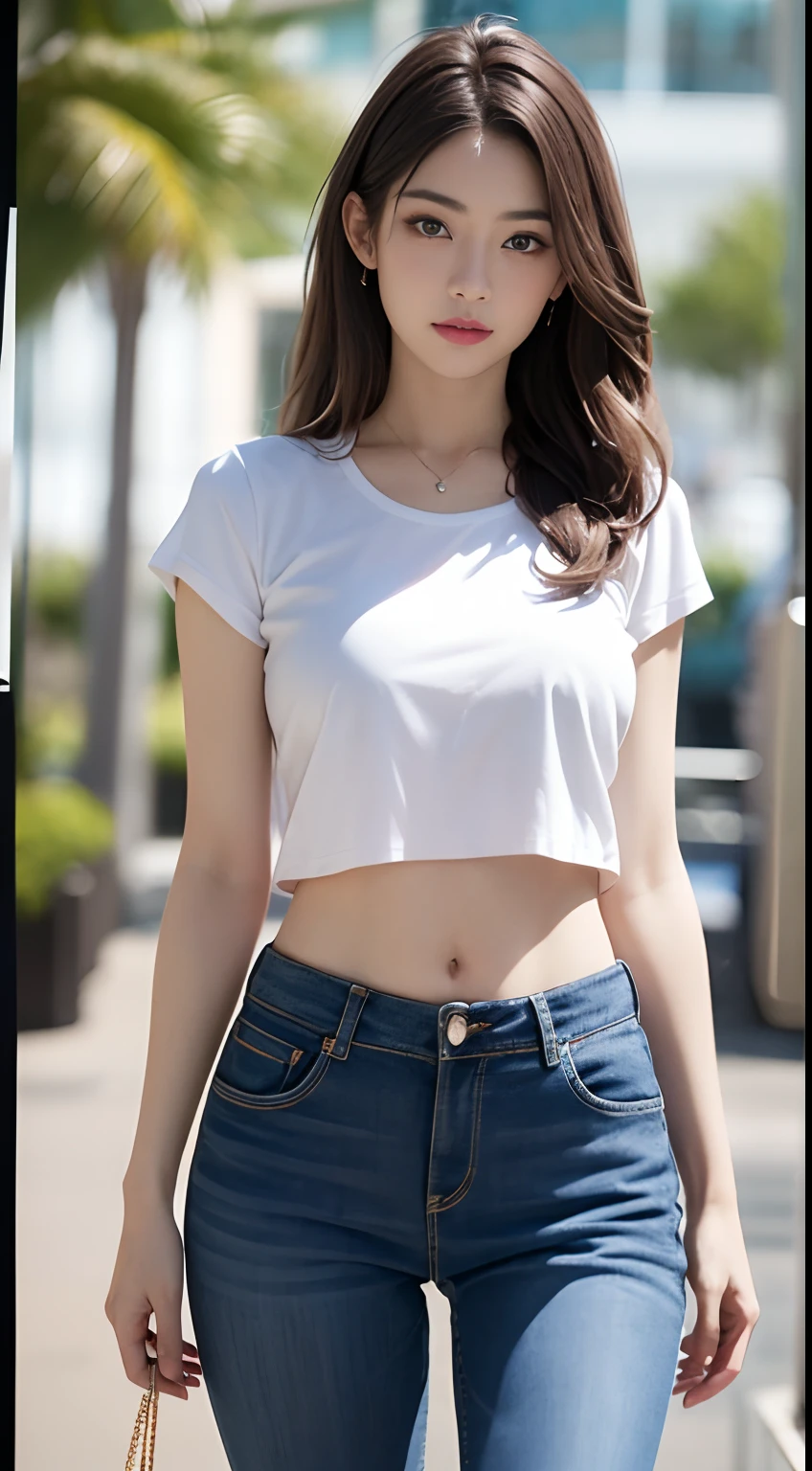 ((Realistic lighting、best qualityer、8K、tmasterpiece:1.3))、Clear focus:1.2、A 1 girl、Perfect body beauty:1.4、Slim abs:1.1、s whole body、((dark brown hair、A large breast:1.3))、(Acceleration:1.4)、(exteriors、Daylight:1.1)、View of Waikiki Beach、palm tree、Slender face、Fine eyes、二重まぶた、poses of fashion models、Floating hair、tee shirt、Pendants、
