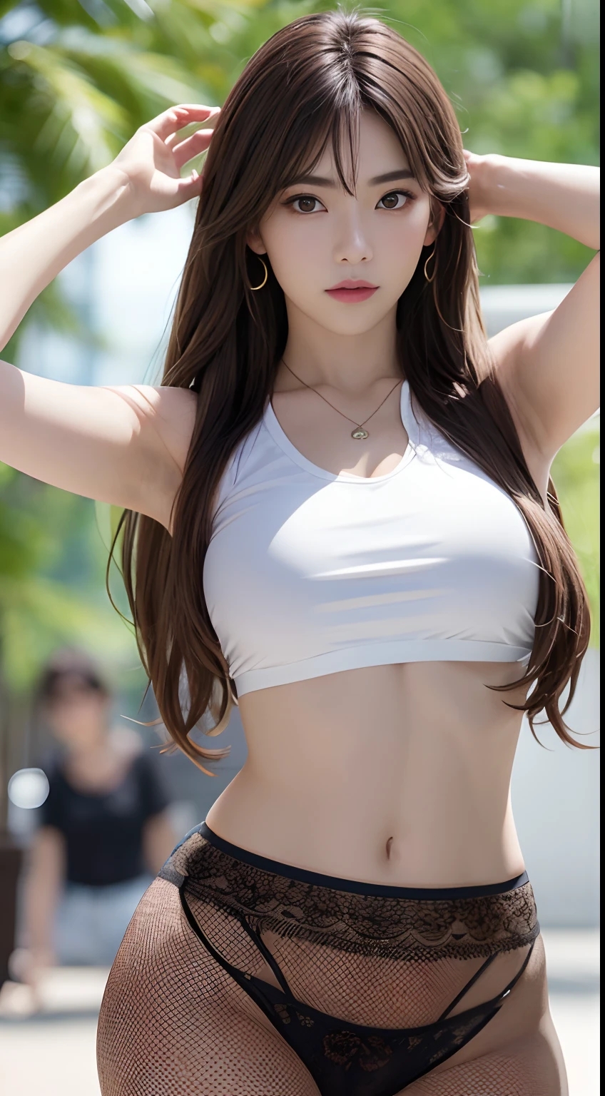 ((Realistic lighting、best qualityer、8K、tmasterpiece:1.3))、Clear focus:1.2、A 1 girl、Perfect body beauty:1.4、Slim abs:1.1、s whole body、((dark brown hair、A large breast:1.3))、(Acceleration:1.4)、(exteriors、Daylight:1.1)、View of Waikiki Beach、palm tree、Slender face、Fine eyes、二重まぶた、poses of fashion models、Floating hair、tee shirt、Pendants、