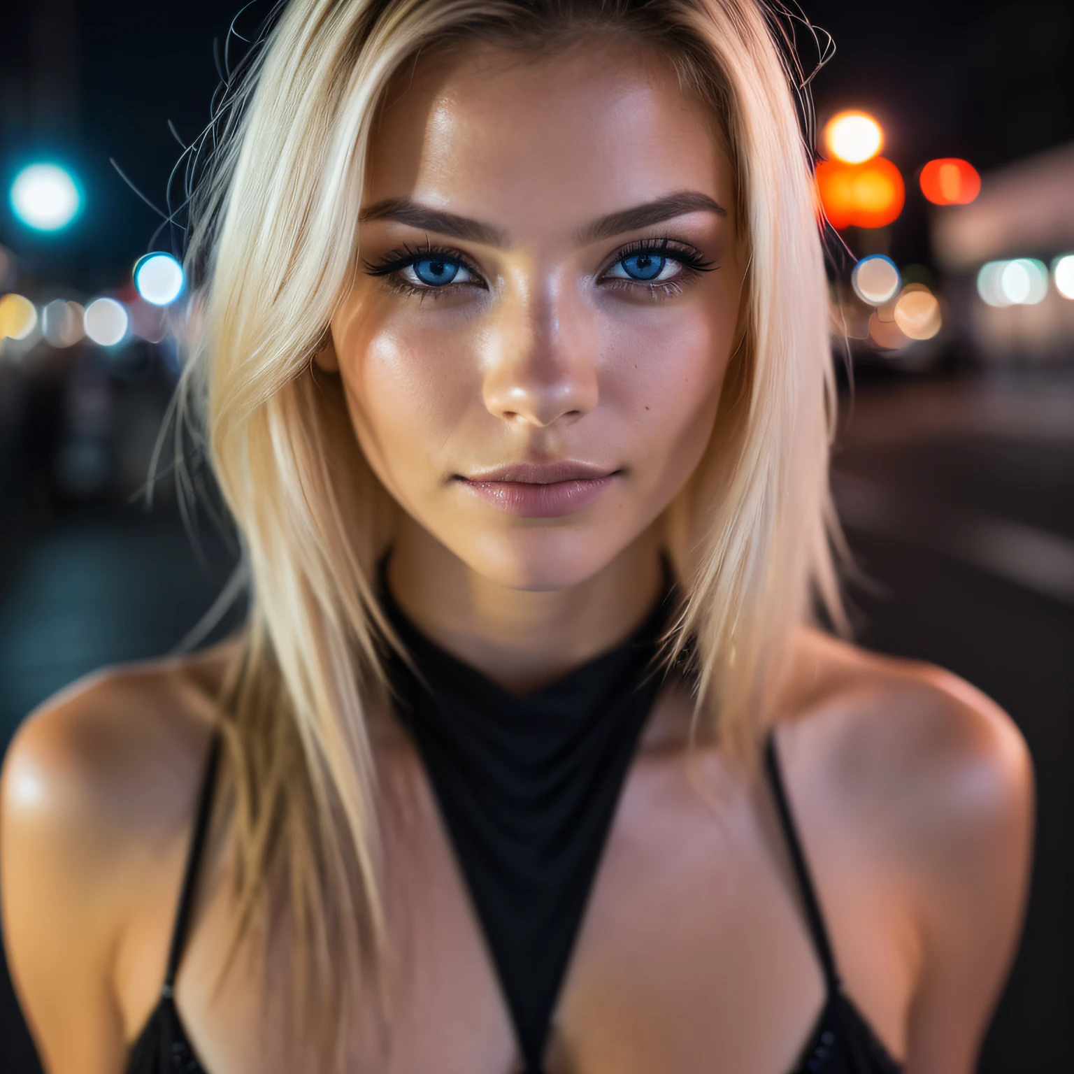 (selfie, top view: 1.4), (straight half of the body: 1.4), RAW UHD portrait photo of a 24-year-old blonde (blue-eyed woman) walking down a dark alley, large breasts,, city at night, (lingere), (neckline), details (textures! , hair! , glitter, color!! , disadvantages: 1.1), glossy eyes with high detail (looking at the camera), SLR lighting, SLR camera, ultra-quality, sharpness, depth of field, film grain (center), Fujifilm XT3, crystal clear, frame center, beautiful face, sharp focus, street lamp, neon lighting, bokeh (dimly lit), night, (night sky), detailed skin pores, oily skin, sunburn, complex eye details, full body