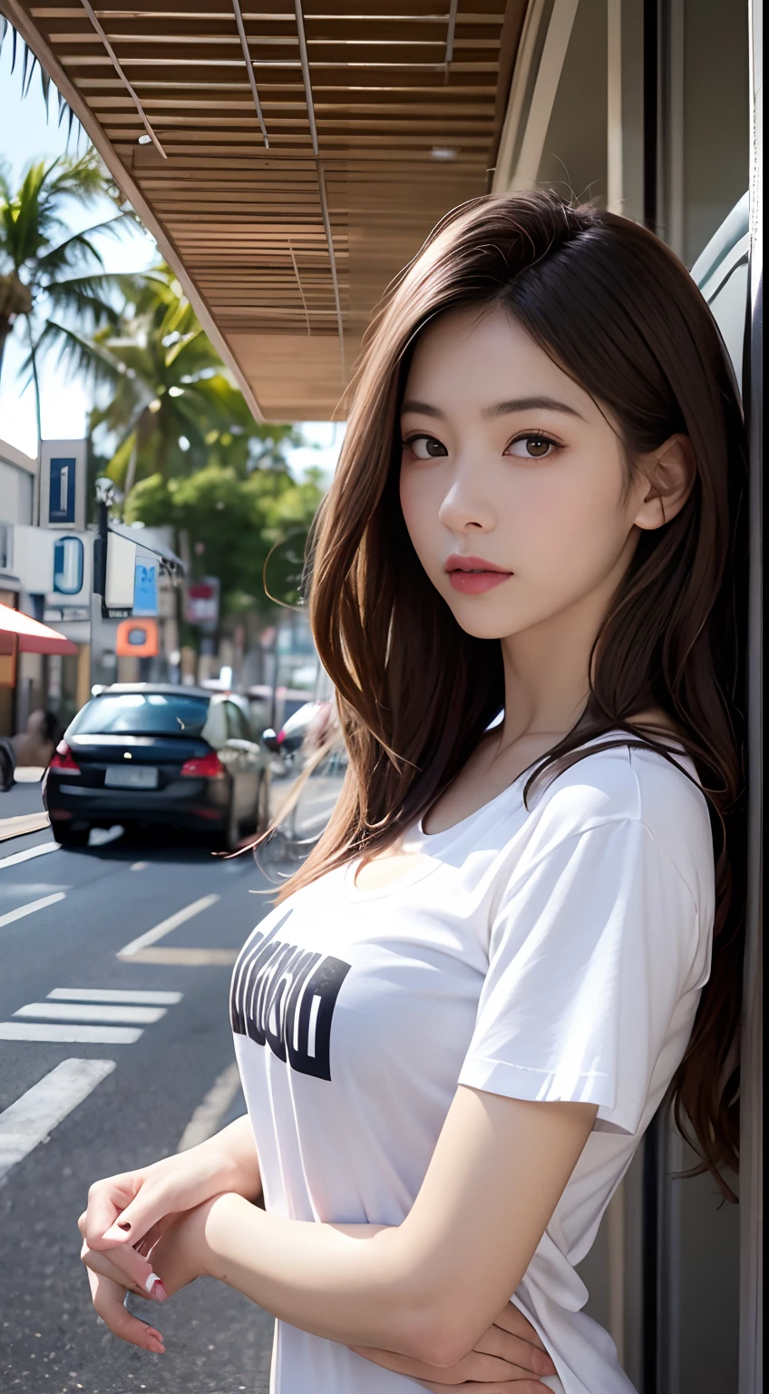 ((Realistic lighting、best qualityer、8K、tmasterpiece:1.3))、Clear focus:1.2、A 1 girl、Perfect body beauty:1.4、Slim abs:1.1、s whole body、((dark brown hair、A large breast:1.3))、(Acceleration:1.4)、(exteriors、Daylight:1.1)、View of Waikiki Beach、palm tree、Slender face、Fine eyes、二重まぶた、poses of fashion models、Floating hair、tee shirt、Pendants、