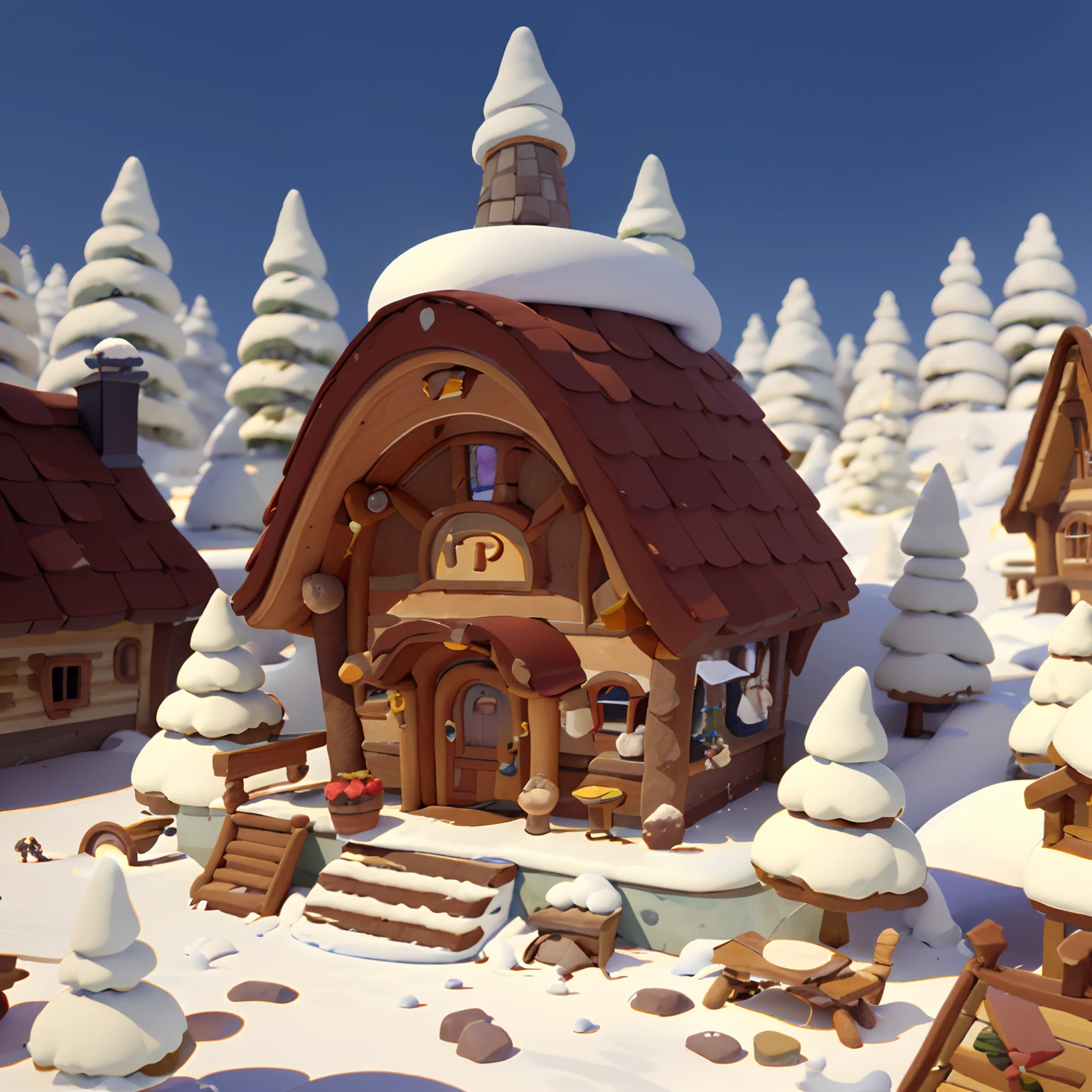 Game architectural design, Cartoony,Adventure Lodge，Winter adventure lodge，tilt shift lens，Plants match the building，casual game style, Botanical architecture,Cartoon 3D, blender，Three shades and two understated，closeup cleavage，tmasterpiece，super detailing，best qualtiy