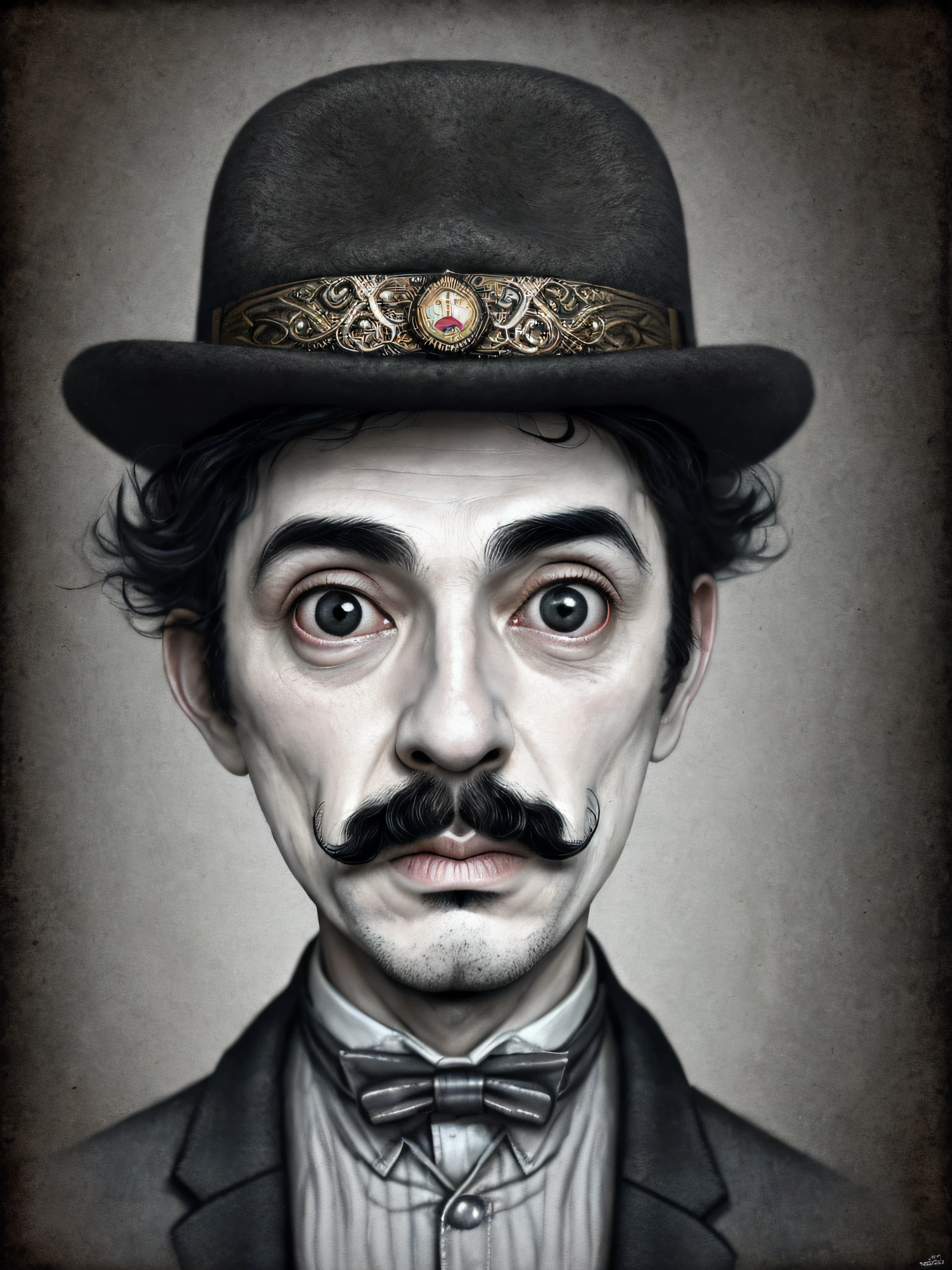 Pintura de un hombre con sombrero de copa y bigote, Charlie Chaplin, Anton Semenov, Mark Ryden muy detallado, Estilo Mark Ryden, Mark Ryden en el estilo de, Estilo de Mark Ryden, inspirado por Mark Ryden, Naoto Hattori, Adorable pintura digital, cara linda. DarkFantasy, Estilo Wlop Loish y Clamp