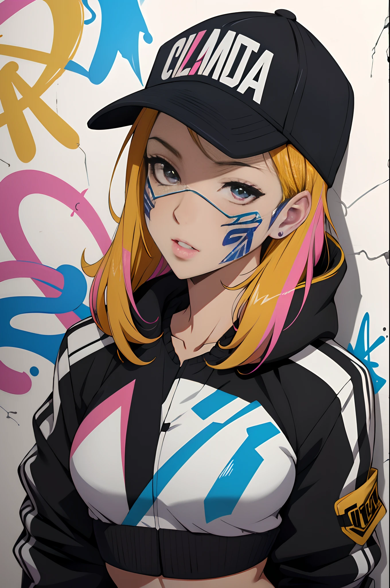 estilo anime, mujer grafitera, grafiti en la pared, usa chaqueta bomber grande, gorra de lado, mascarilla antigas, colores vivos, mostrando colmillos abriendo la boca, maxima calidad, ultra detallado, 8K, cuerpo entero