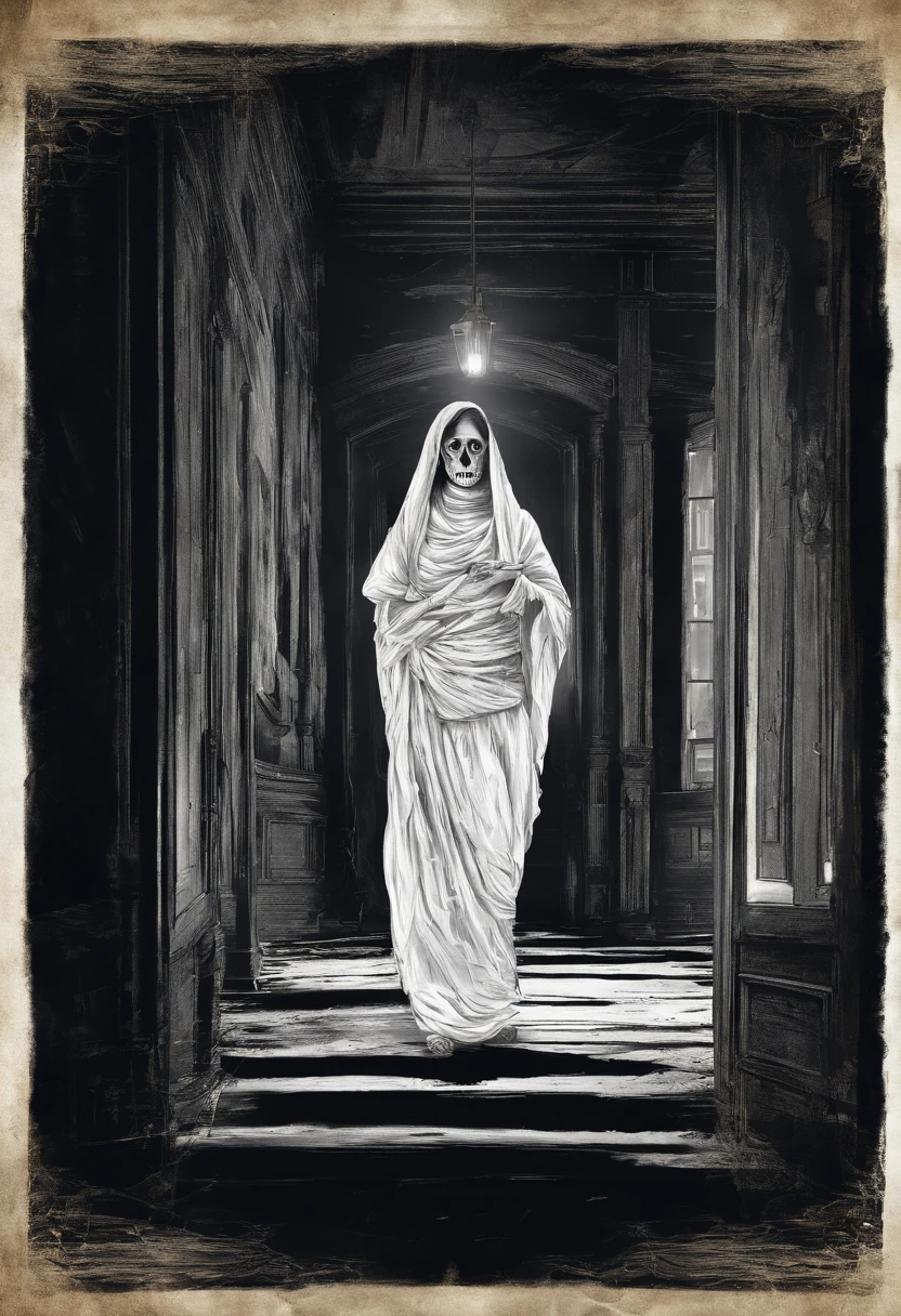 A woman wearing white sari and holding night lamp walking in a haunted mansion in night,(close up)