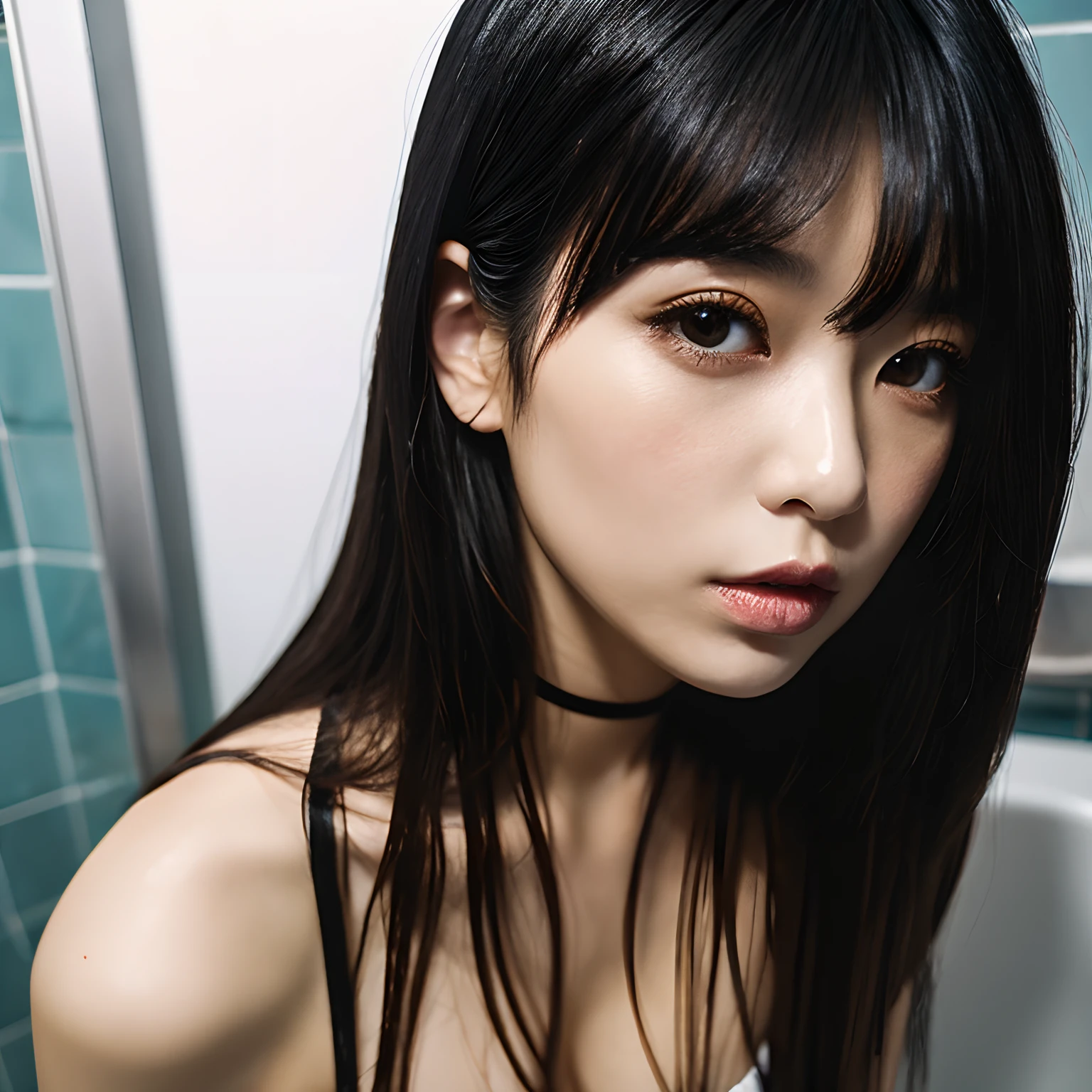 Highest quality、Masterpiece、8k、Japanese women、30th Generation、ghost、Pale skin、Bathroom、Dark atmosphere、scared、sexy、naked、pubic hair、Slender figure、Beautiful feet、Realistic Face、Horror、Realistic hands