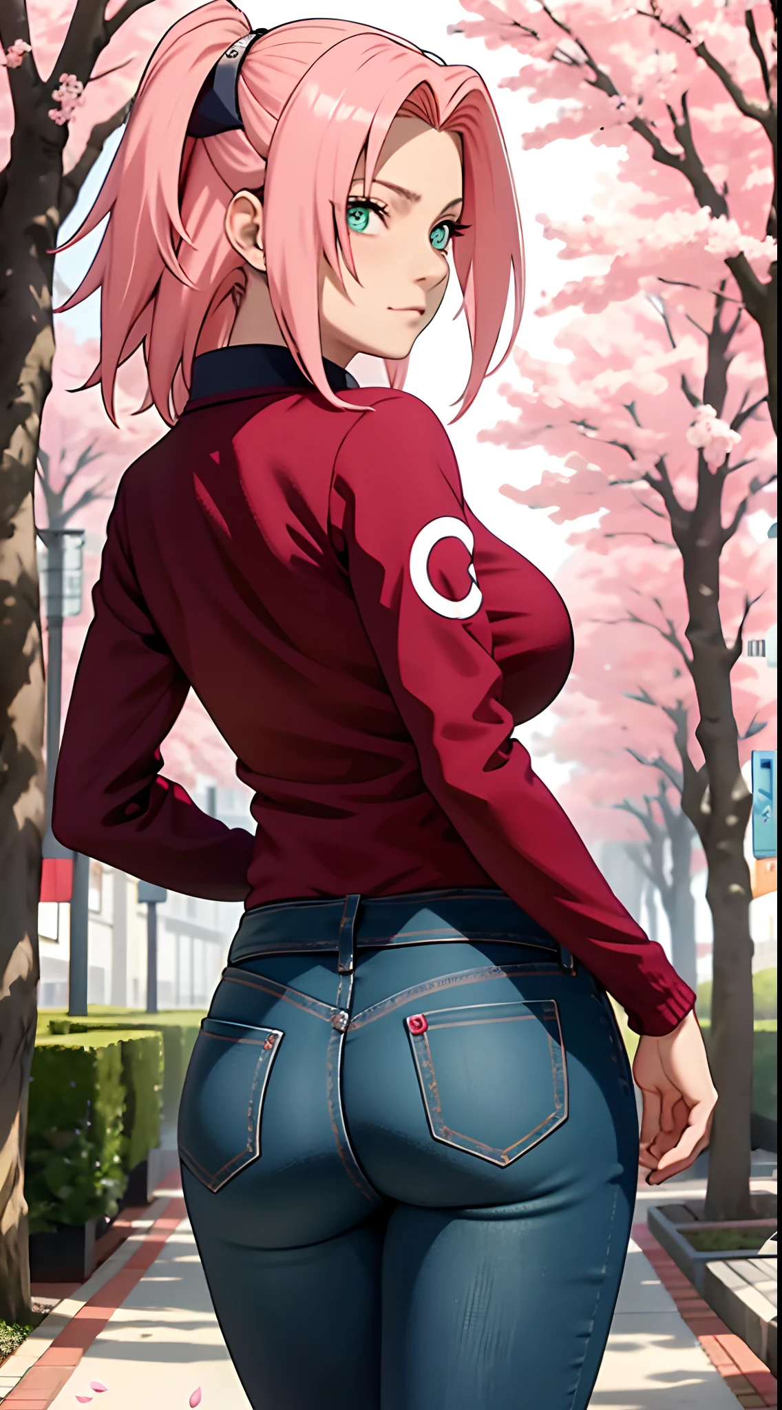 tmasterpiece， Best quality in the best， 1girll， Sakura Haruno， big boobs，schulterfreie Kleidung，（Spaltung)，Sexy erzogen，is shy，missmutig，mit rosa Haaren， lange rosa Haare， （green eyes:1.4)， Stirnschutz， The cherry trees，Flying cherry blossoms,perfekter runder arsch,von hinten,Full body portrait from behind,arsch in die kamera,skinny jeans