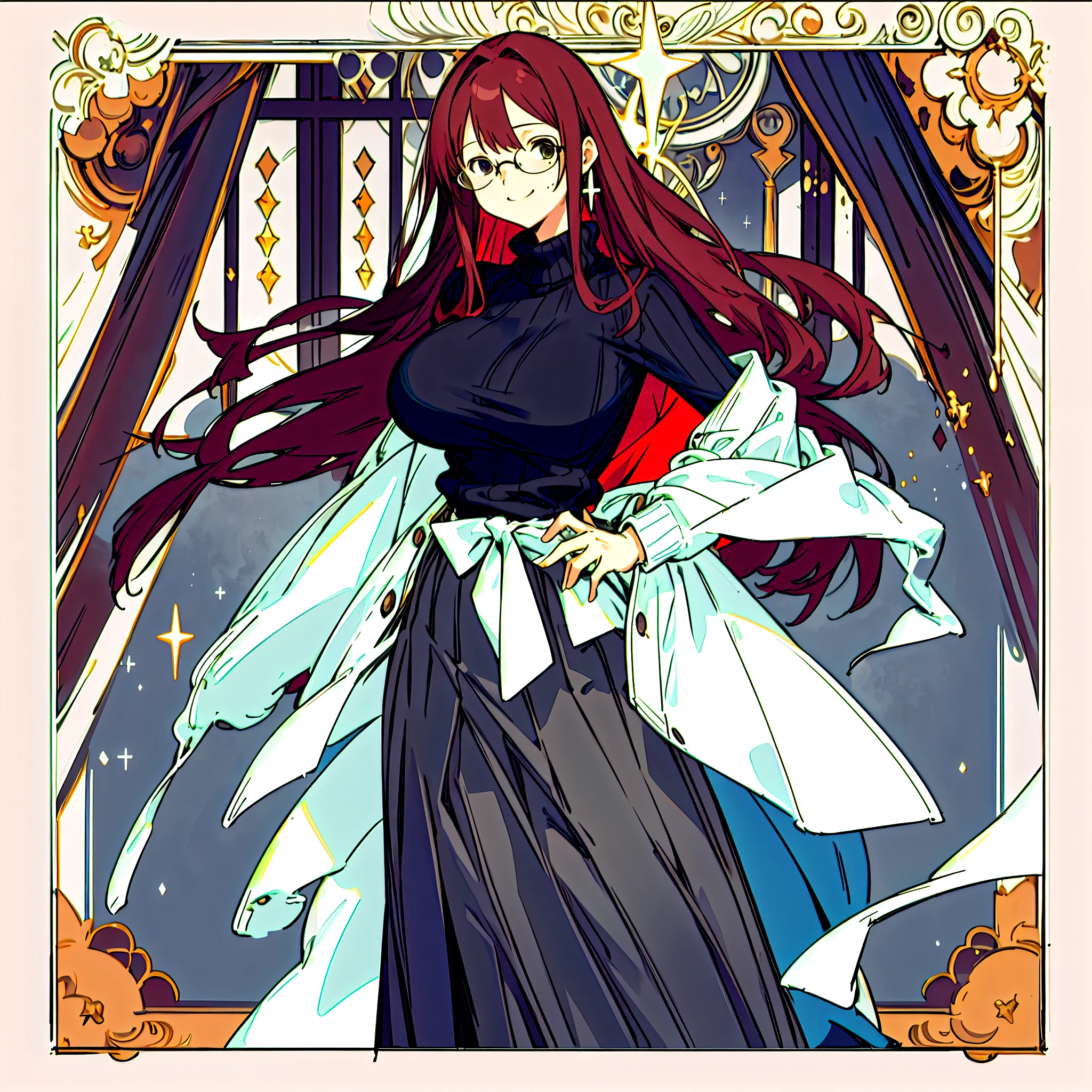 Full body like,Single female,Height one meter eight,Sexually starved housewife,Full-figured,There is a tear mole in the left eye,Long hair and hips,brunette color hair,black-frame glasses,Super big breasts,Unintelligent eyes,Expose the sides of the chest,Open-chested skinny sweater,House parent skirt,Gentle, kind, fraternal, sexy wife,A lewd smile,detail-rich,illustration,CG anime,quadratic element(Optimal image quality,tmasterpiece,sexual appetite)