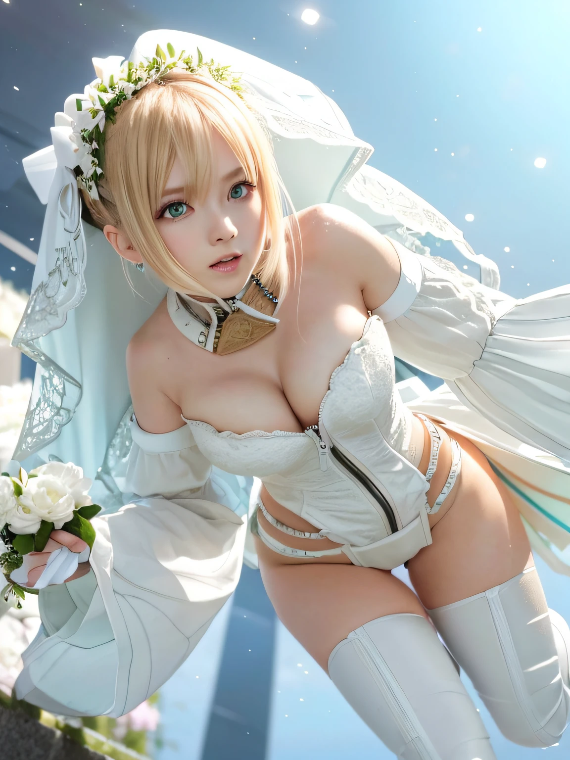 Bride 2nd place, Second Cosfit, (masutepiece:1.2), (ultra-detailliert), (8K, Convoluted), (85 mm), light Particle, Lighting, Full body, (Highly detailed:1.2), Breast Focus, (Detailed face:1,5), (rule of third_Composition:1.3), (Line of action:1.2), Daylight, Solo