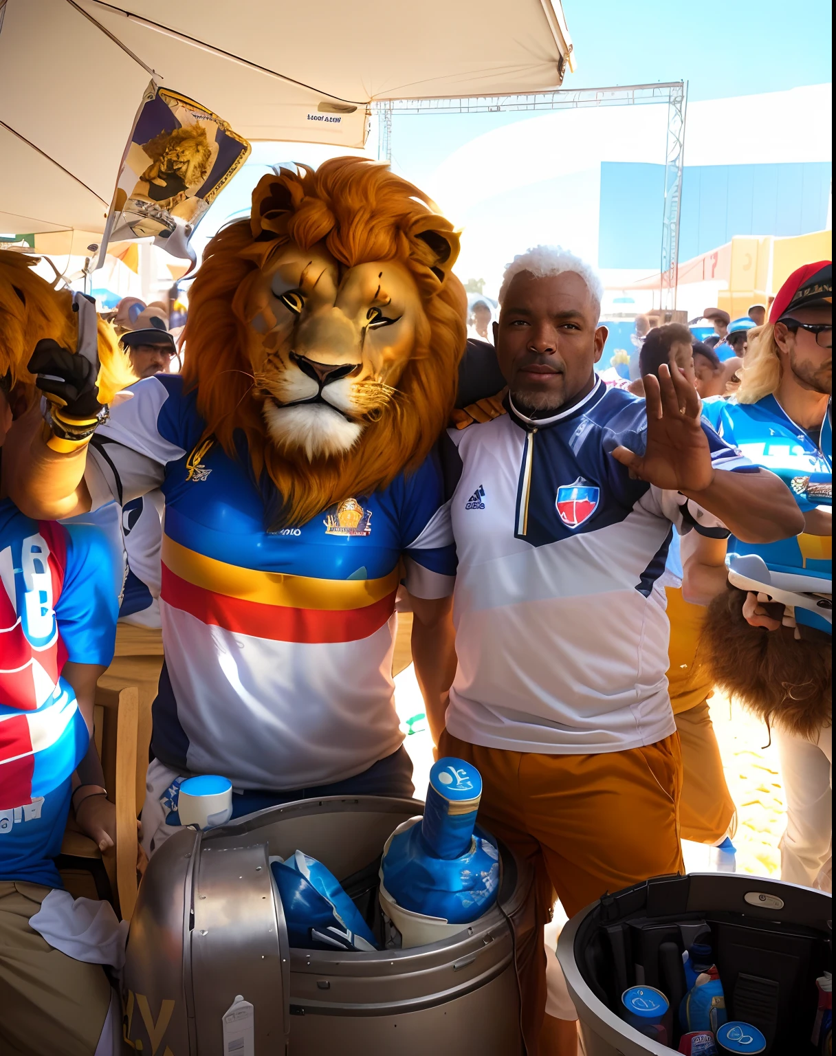 They're dressed as Lions and Lions fans for a game, lions, na copa do mundo, Chile, Directed by: Daniel Lieske, Carnaval de Barranquilla, Frank Franzzeta e Sakimichan, the man riding is on the lion, daniel mirante, third lion head, Postagem no Reddit, Em uma festa na praia em Ibiza, goodlooking