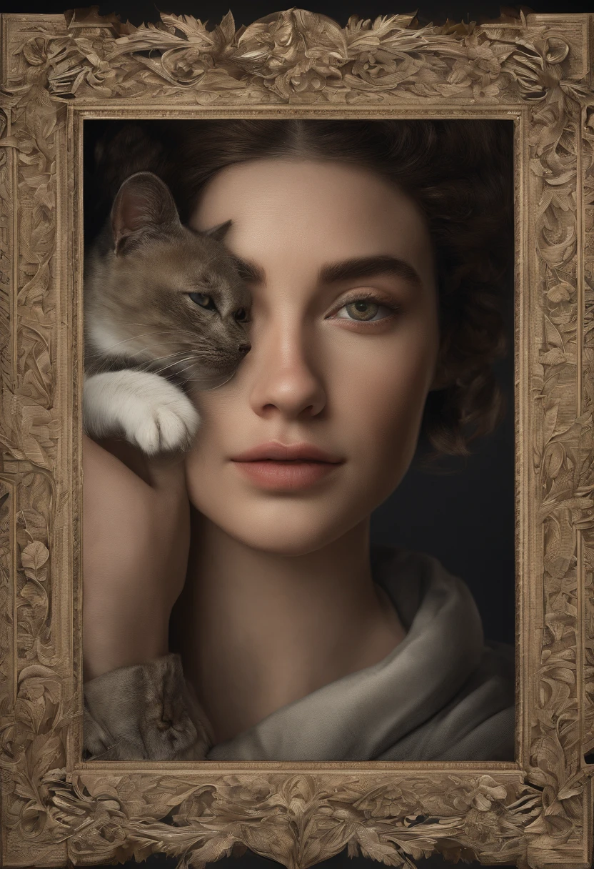 beautiful young woman with a cat, fine art, black background, Rembrandt light, --ar 2:3, (masterpiece:1.4), (best quality:1.4), RAW photo, (raecmbr-2650:0.9), (r4ec4mbr4:0.95), (realistic), (photorealistic: 1.5), (short hair), light brown hair, necklace, (RAW photo, 8k UHD, film grain), beautiful detailed eyes, extremely detailed eyes and face, masterpiece, cinematic lighting, (highly detailed skin: 1.2), 8k UHD, DSLR, soft lighting, high quality