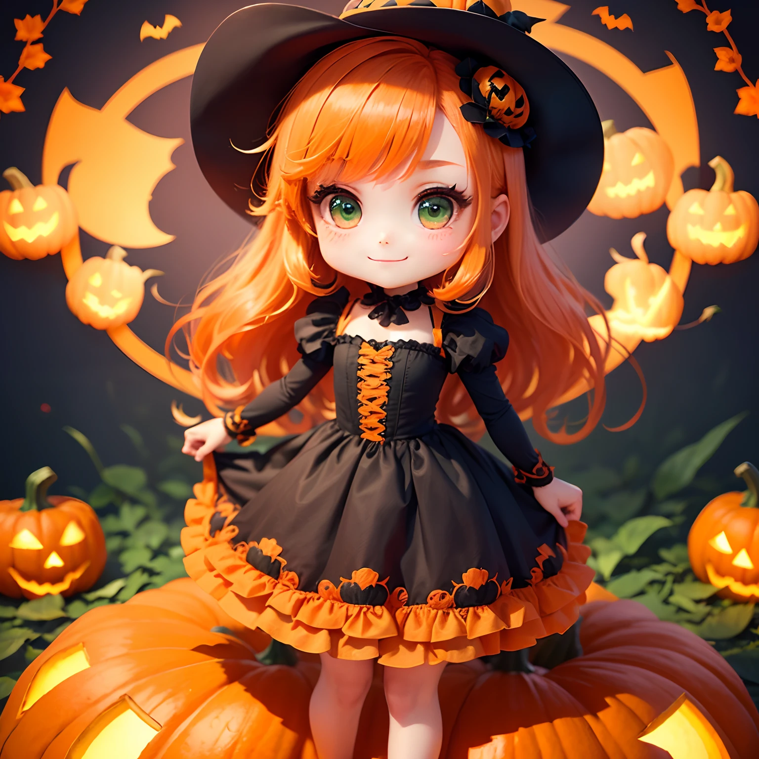 (chibi:1.2), masterpiece, best quality, original, official art,Cute,full body,1 maid,beautiful eye,colorful ombre hair,rainbow gradient ,3 jack-o'-lantern,outfit,smilling,bokeh,bloom,forest background,,<lora:GoodHands-beta2:1>