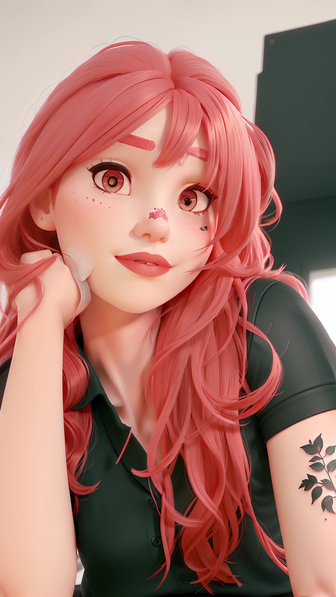 white red-hair woman with bangs, closed pink full lips, black eyebrows, black eyes, black and white small leaves tattoo on the left arm