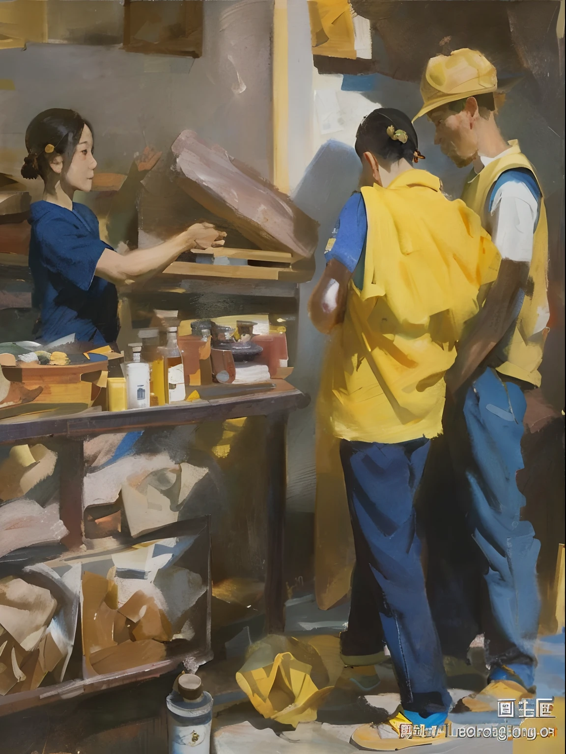 A painting of two men and a woman in a bakery, part dean cornwell style, author:Ding Guanpeng, by Ni Yuanlu, author:Zhao Yong, author:Wen Zhenheng, realist painting, author:yanjun cheng, James Gurney painting style, author:Lin Liang, By Ren Xiong, yanjun cheng, author:Cui Zizhong