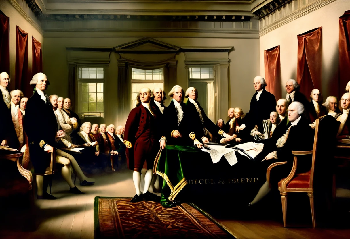 Create an image depicting the signing of the Declaration of Independence in 1776, with Founding Fathers gathered around a table in Independence Hall.