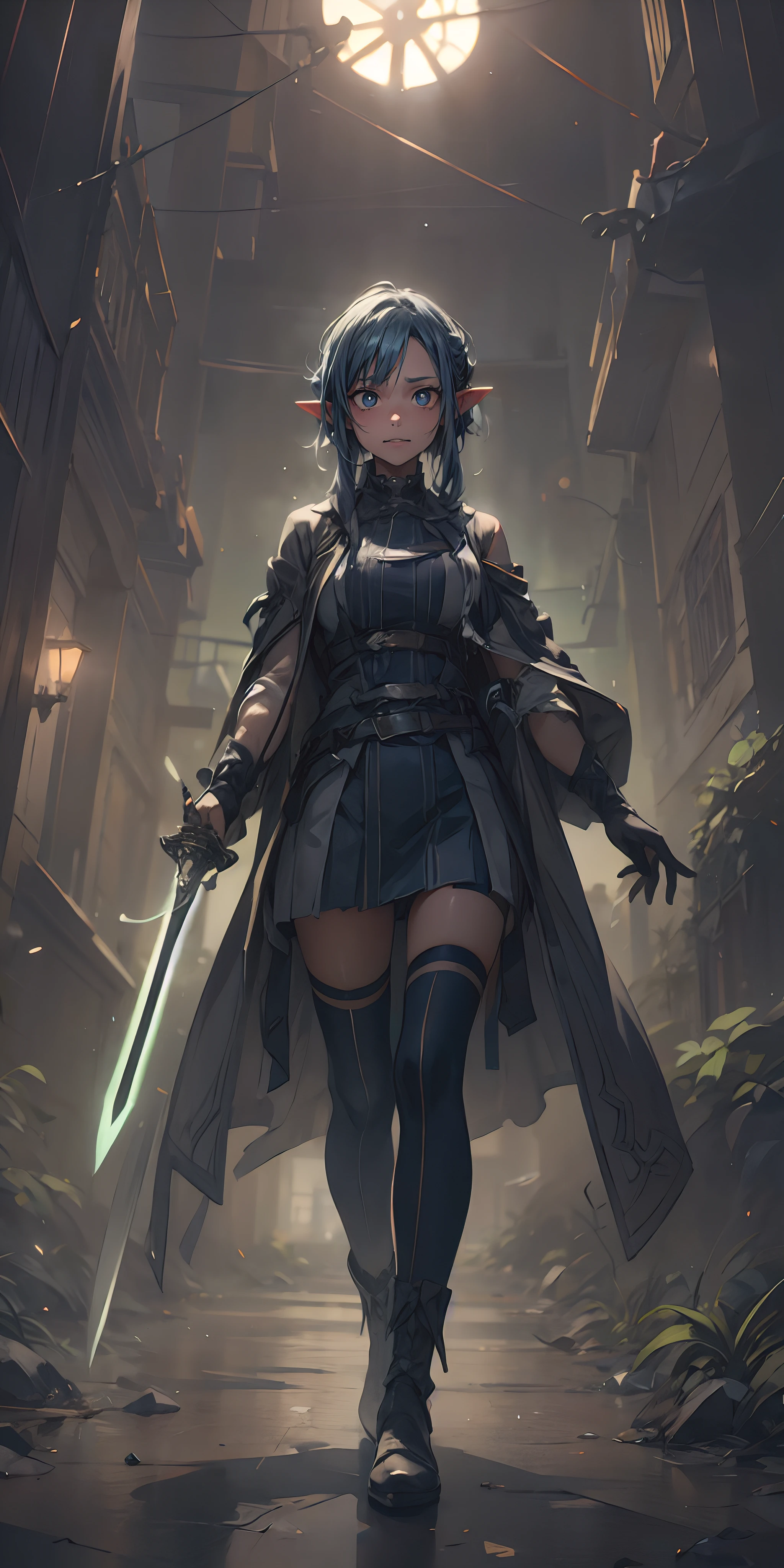 pointy ears, 1girl, sword, holding, weapon, solo, gloves, holding_weapon, standing, ((holding_sword)), thighhighs, black_legwear, looking_at_viewer, outdoors, long_sleeves, breasts, wide_sleeves, garter_straps, dual_wielding, coat, medium_breasts, night, black_capelet, white_jacket, blurry_background, black_shirt, black_skirt, open_coat, short_shorts, shorts, "glow effects, godrays, Hand drawn, render, 8k, octane render, cinema 4d, blender, dark, atmospheric 4k ultra detailed, cinematic, Sharp focus, big depth of field, Masterpiece, colors, 3d octane render, 4k, concept art, trending on artstation, hyperrealistic, Vivid colors, extremely detailed CG unity 8k wallpaper, trending on CGSociety, Intricate, High Detail, dramatic", anime coloring, anime screencap, sweating, steaming body, fog