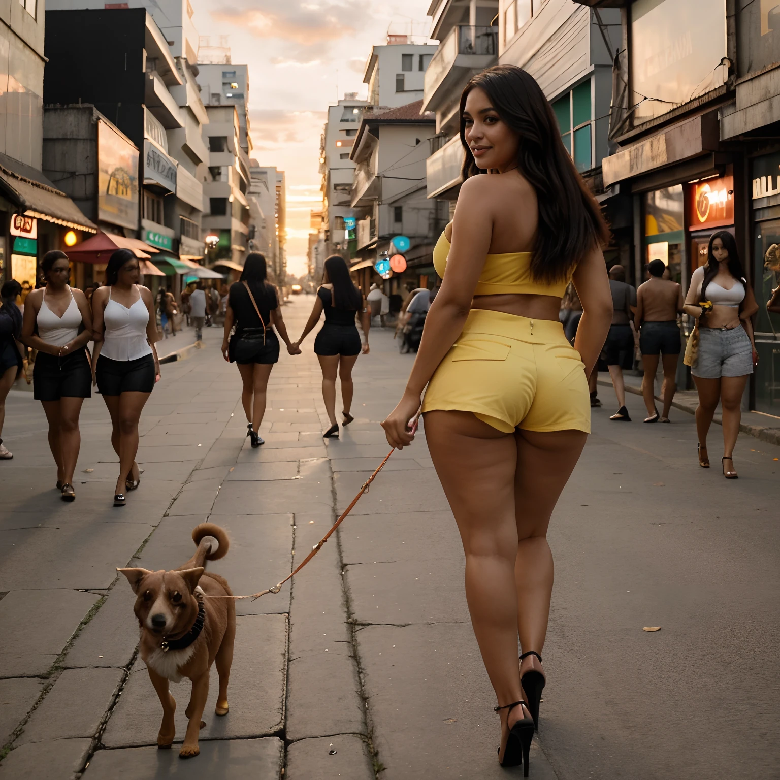 Brazilian woman with a curvaceous figure, wearing high heels and shorts, walking her dog in a bustling city street at sunset.