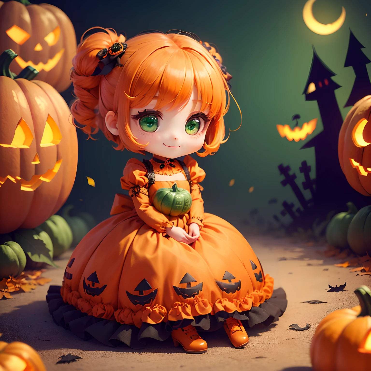 masterpiece、top-quality、ultra-detailliert、(Chibi Chara Pumpkin Princess:1.3)、Orange hair swaying in the wind、Green eyes、Sit on the pumpkin、(Wearing a long orange dress、There is green embroidery of ruffles and peplums:1.3)、Green roses bloom、Orange Pumps、Halloween Cosplay、(The background is a Halloween revelry:1.2)、A smile、Standing、