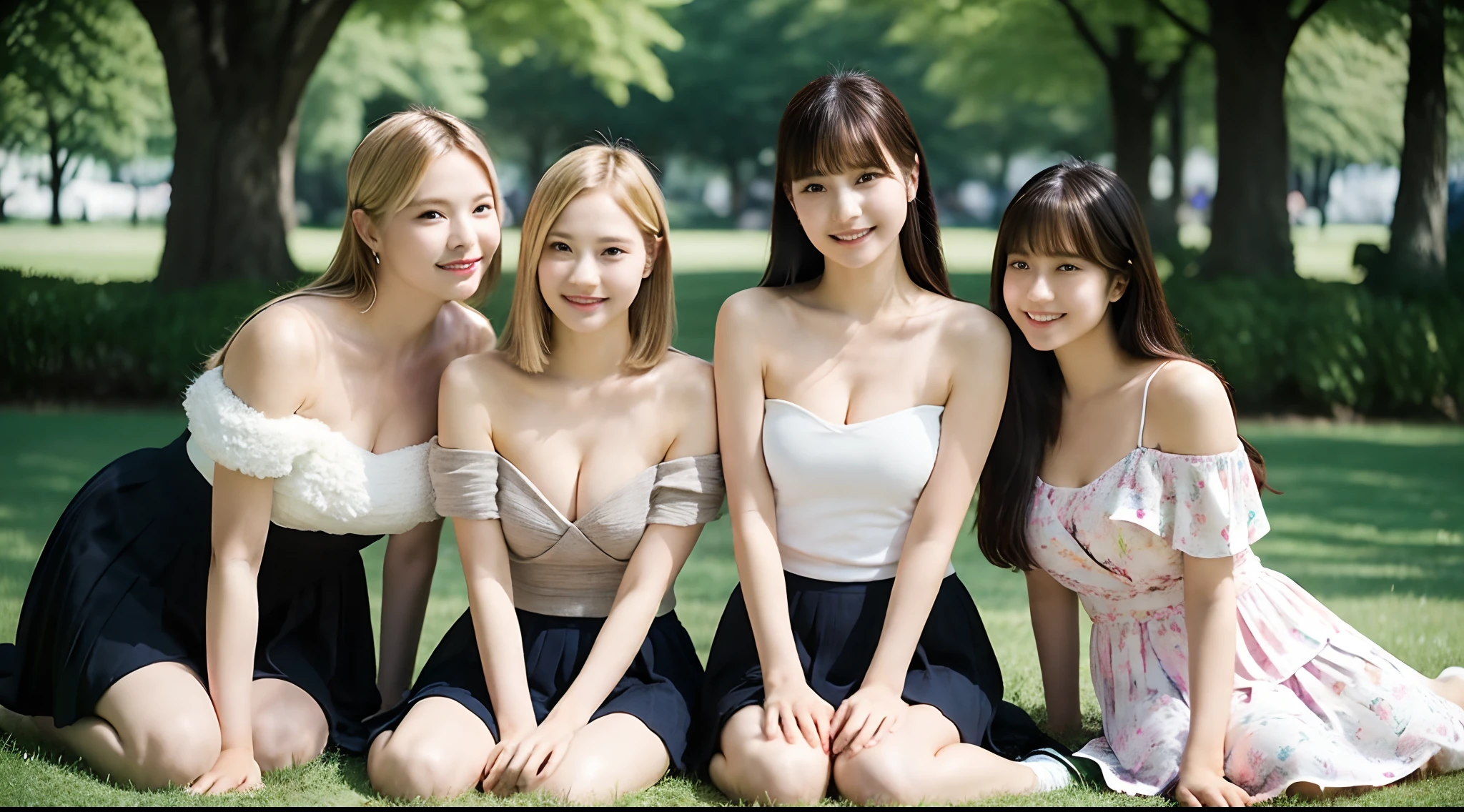 (3 female students, 1 elegant male), bright smile, beautiful mouth, (Bare shoulders), big breasts, pleated skirt, blonde hair, long black hair, bangs, sitting on the grass full of flowers in the park ( Best quality, Super detailed), (Heavenly starlight), (Wrapped in light), (Beautiful and mysterious),