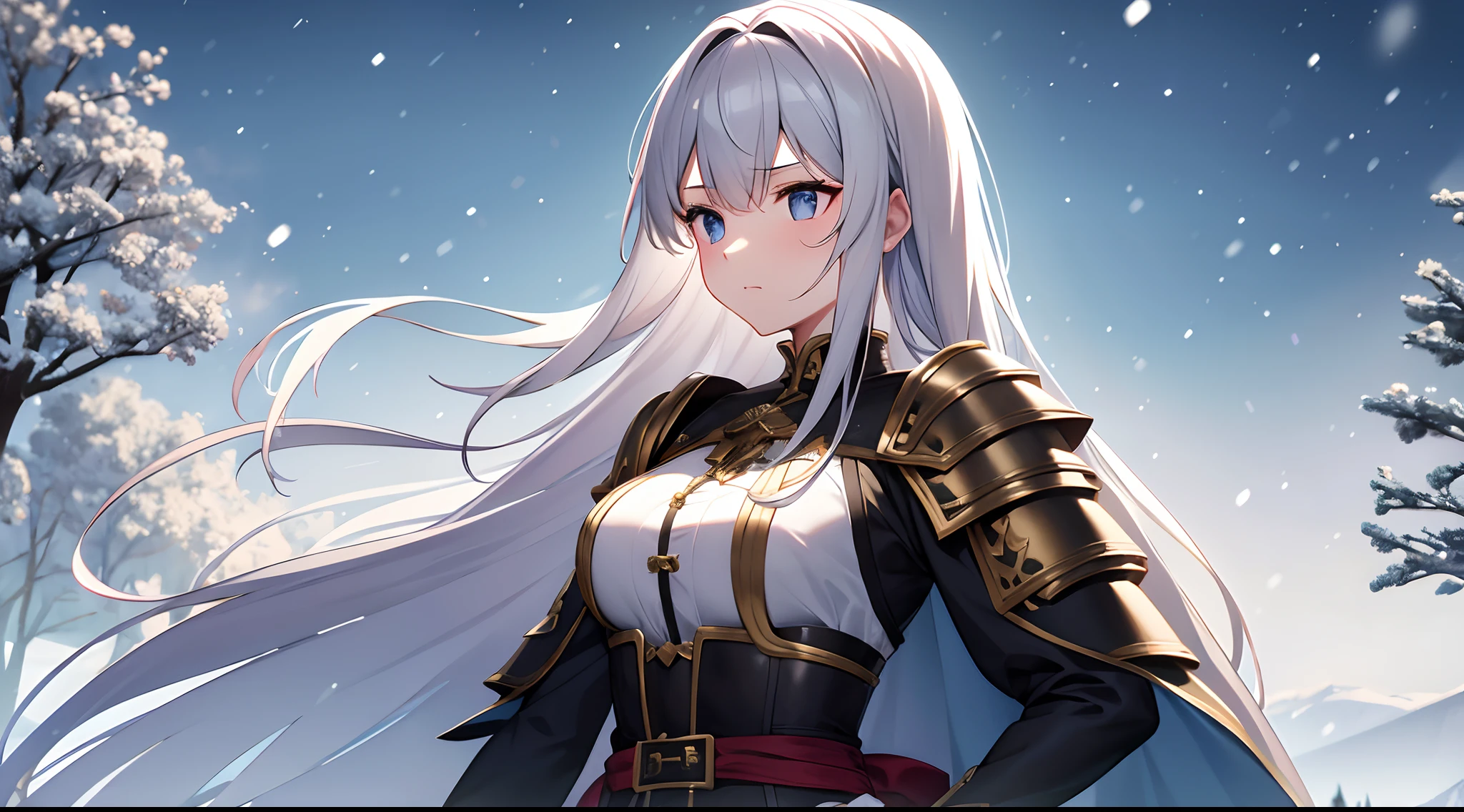 Girl 1 , 独奏, Highly detailed face, perfect arms, Long white wavy hair and no bangs, exteriors, Wearing pleated armor, a tree, Fur-trimmed cape in white, black gloves, snowing, snowing, winter, Medieval times ,She walked and looked away, Putting his hand on the belt with the sword , bare tree, Fully dressed in a medieval long-sleeved shirt, Black pants and armored shoulder pads