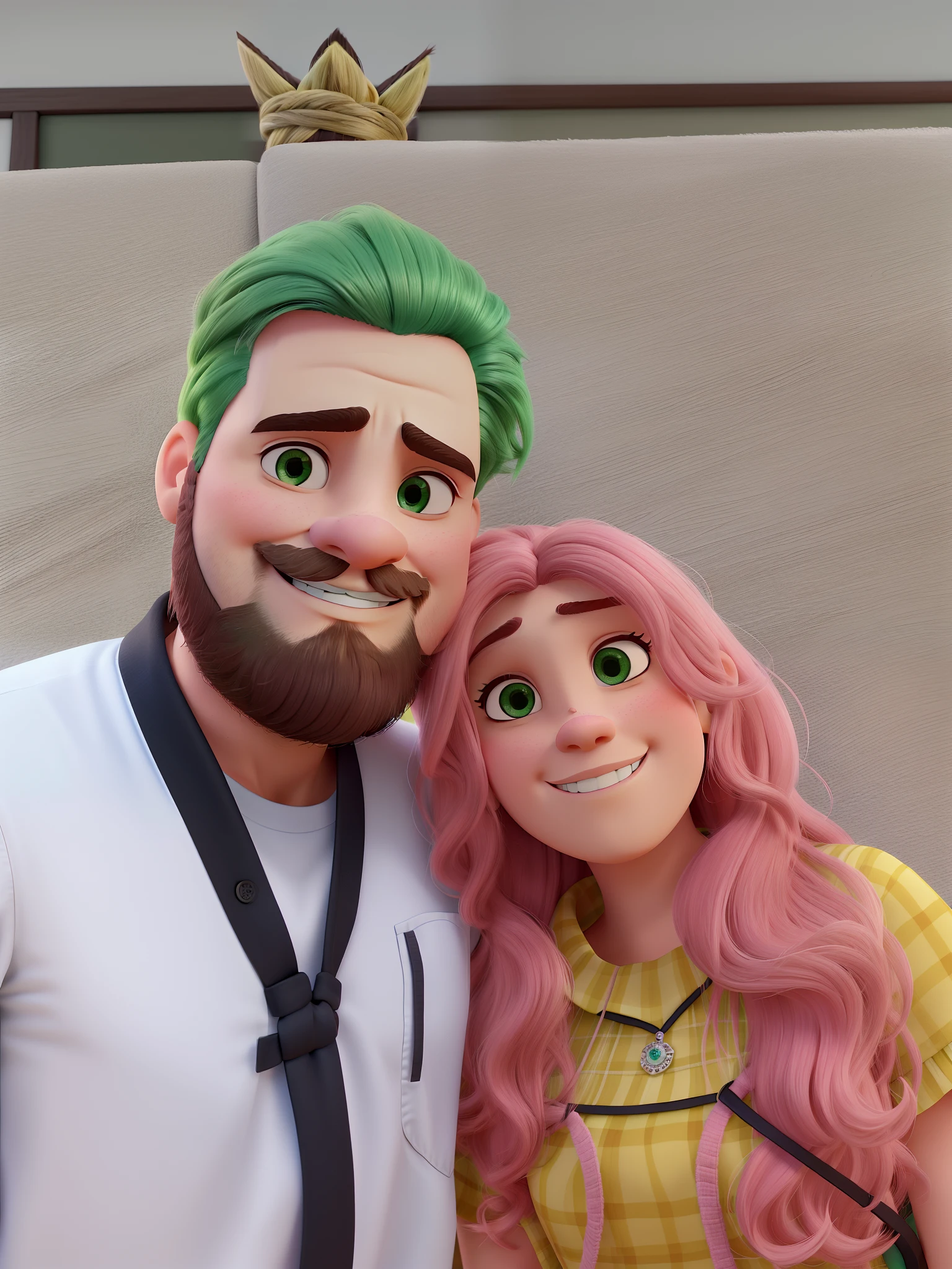 Um casal,  homem branco, com cabelo verde, barba preta, olhos castanhos, mulher com cabelo rosa, branca, cabelo rosa, olhos verdes, melhor qualidade, estilo disney pixar
