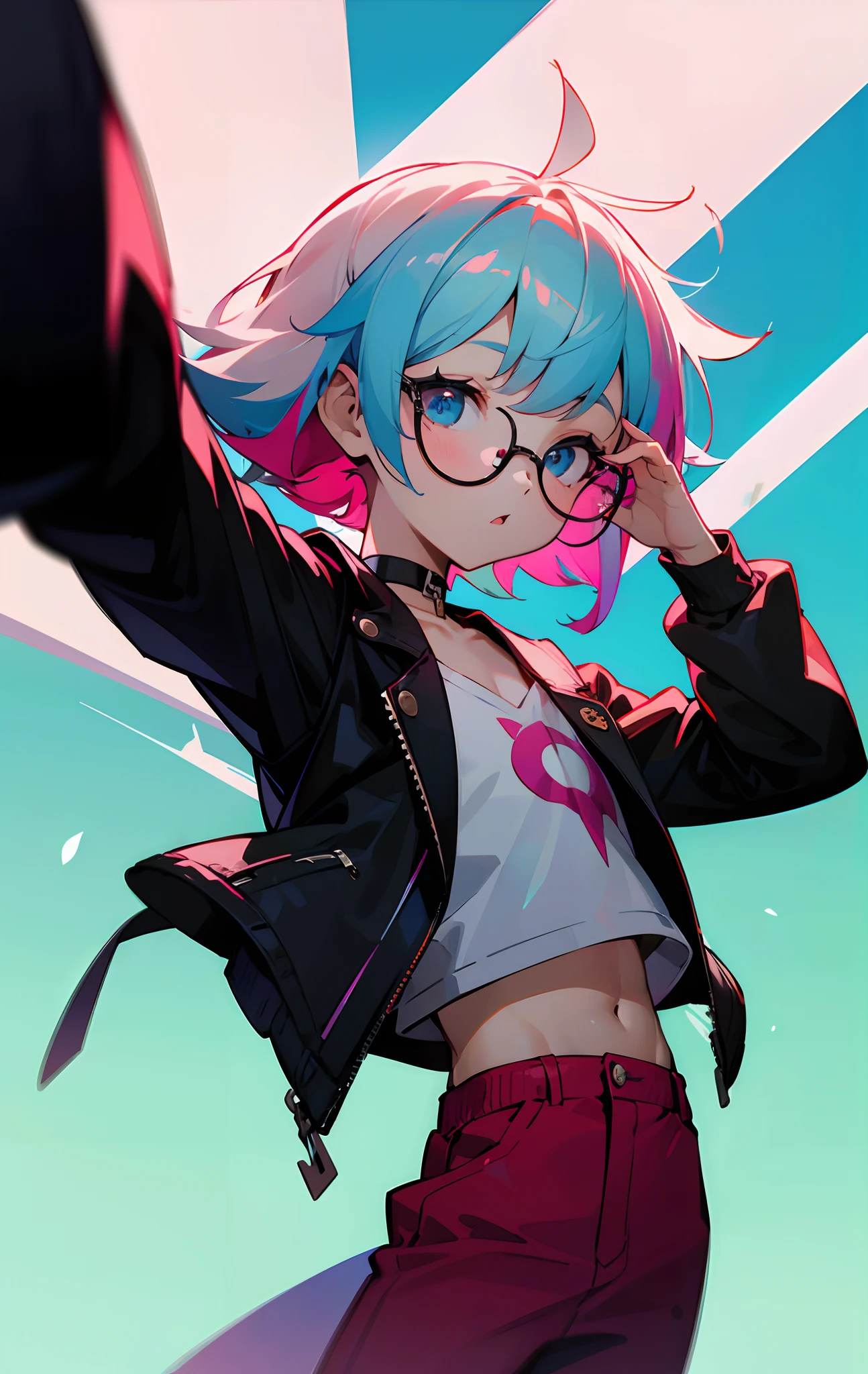 (Male child, Red glasses,blue eyess,silber hair)、独奏、jaket、Black jacket、Iridescent background、a choker、razor、Leather jacket、O cabelo multicolorido、cowboy shot、Color Inner Hair、bangss、White shirt、Fluffy clothes、Two-tone、Viewer's Perspective、is standing、a closed mouth、A pink-haired、Hand up、croptop、sideways Facing