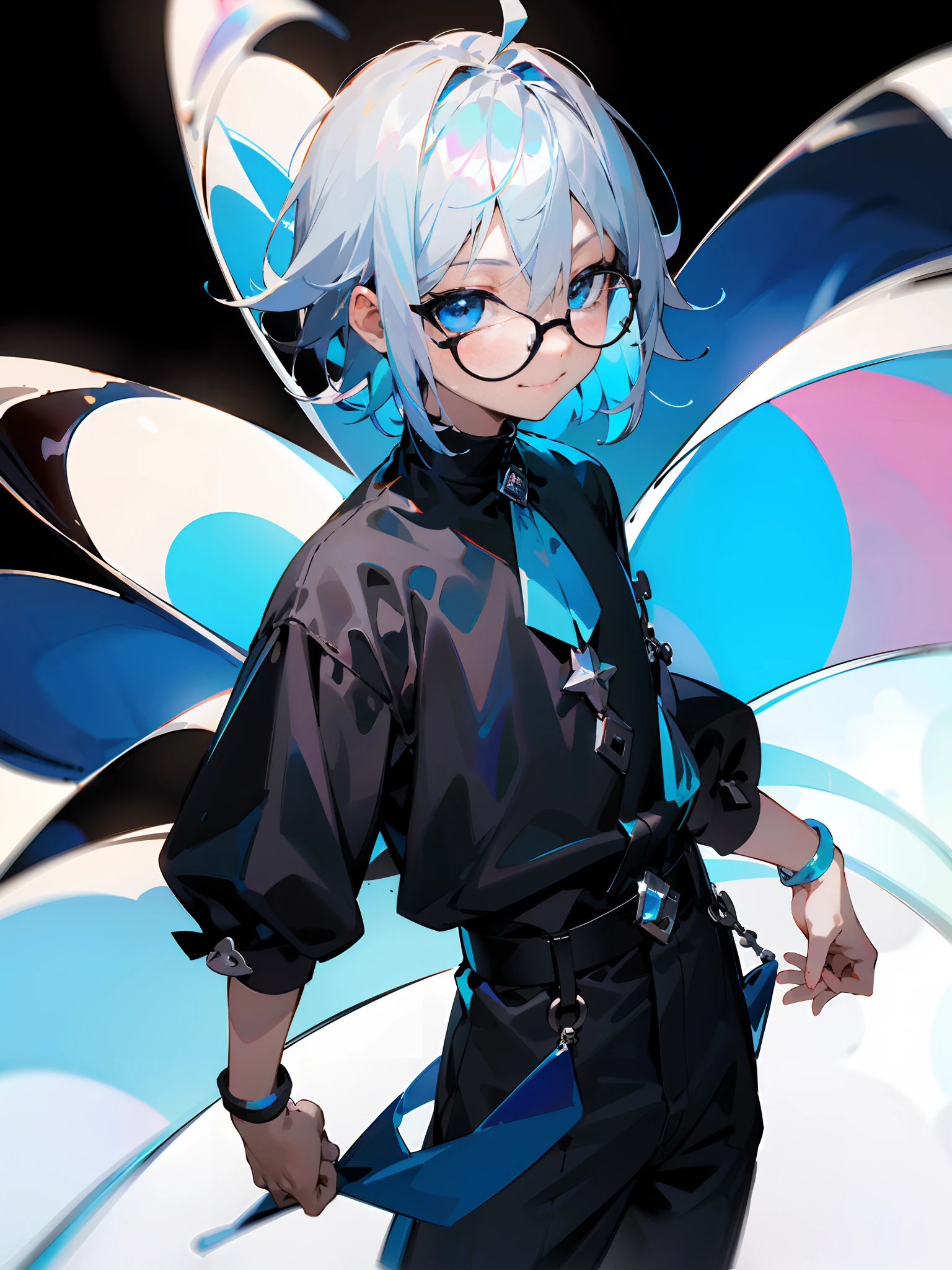 (Male child、Black glasses、blue eyess、 silber hair、A smile、a cool)，独奏，cowboy  shot，Iridescent background