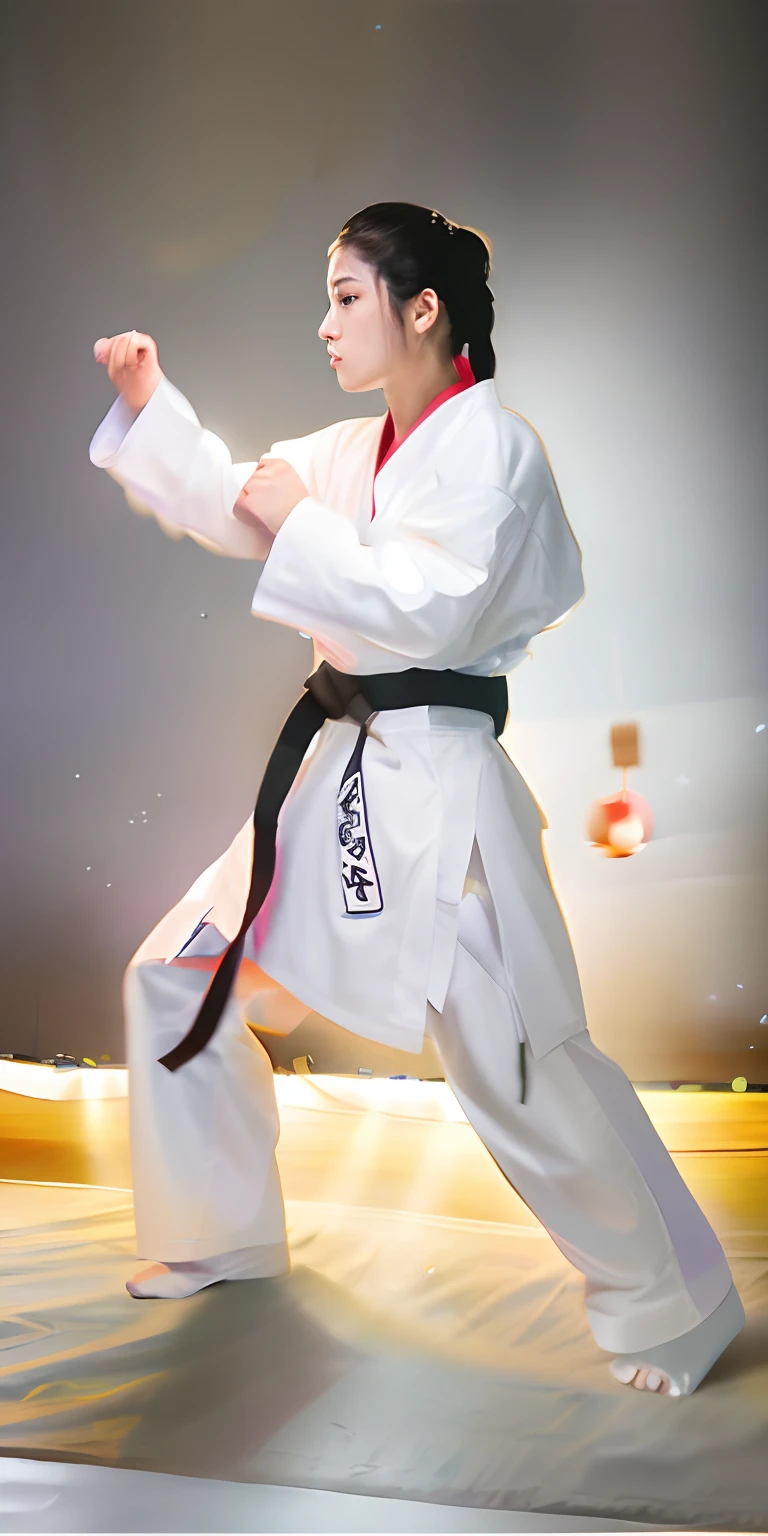 arafed woman in white karate outfit practicing a kick, karate outfit, karate, wearing a white gi, karate pose, inspired by Gatōken Shunshi, powerful stance, in a fighting stance, daigo ikeno, in a fighting pose, karate kick, in an action pose, inspired by Kanō Tanshin, kim jung gi style, fighting stance