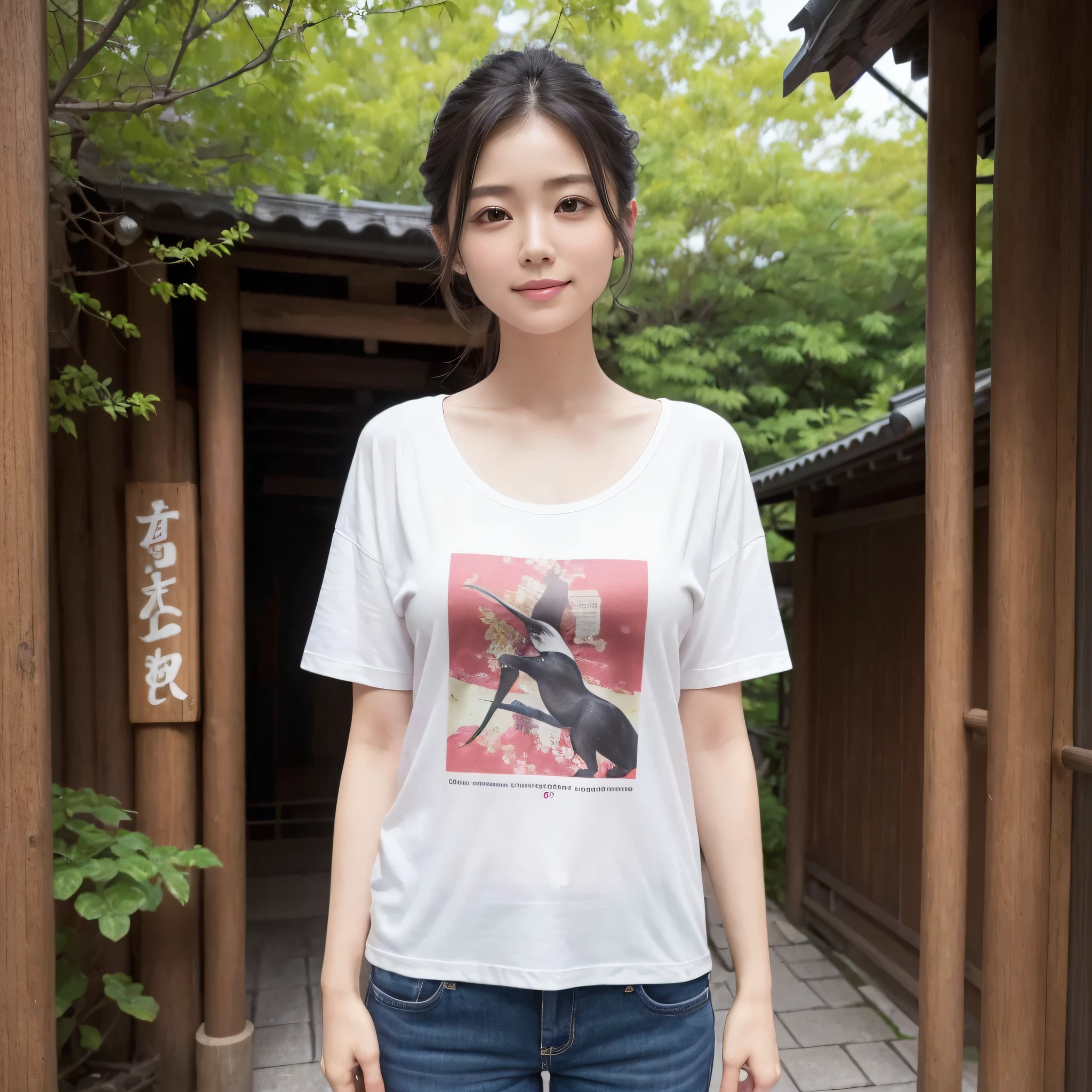 One beauty、((best qualtiy、8k masterpieces:1.3))、foco nítido:1.2、(ultra beautiful faces:1.0)、(shinny skin:1.0)、photos realistic、A dark-haired、Video Lighting、High-definition eyes and face、Video Lighting、25-year-old Japan actress、from the front side、medium breasts、Smile、Slender Abs Beauty、Whole body、Kanji for Japan「tenderness」Wearing a T-shirt、At the shrine