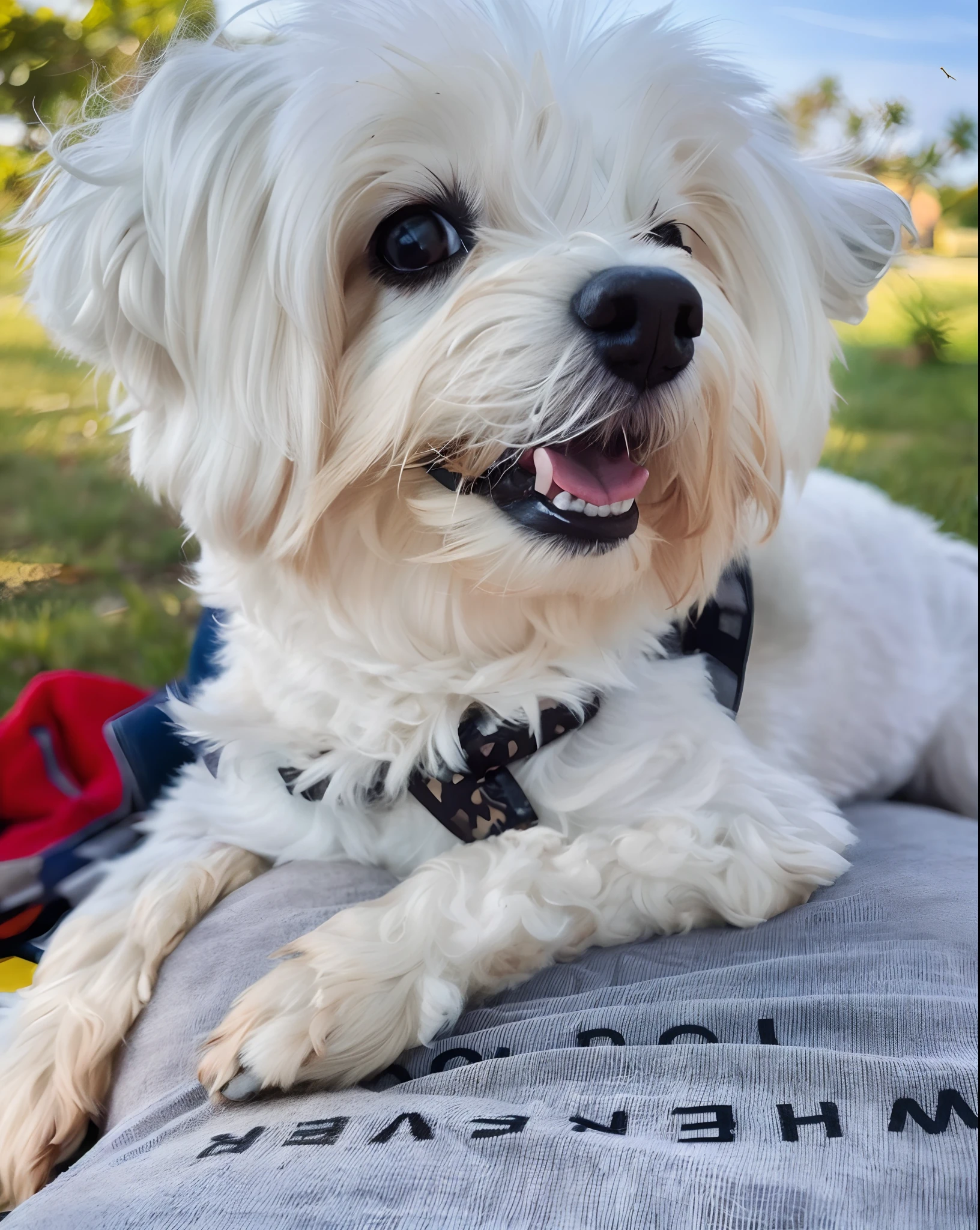 A Maltese dog lying on a pillow, Smiling happily at the camera with naughty face