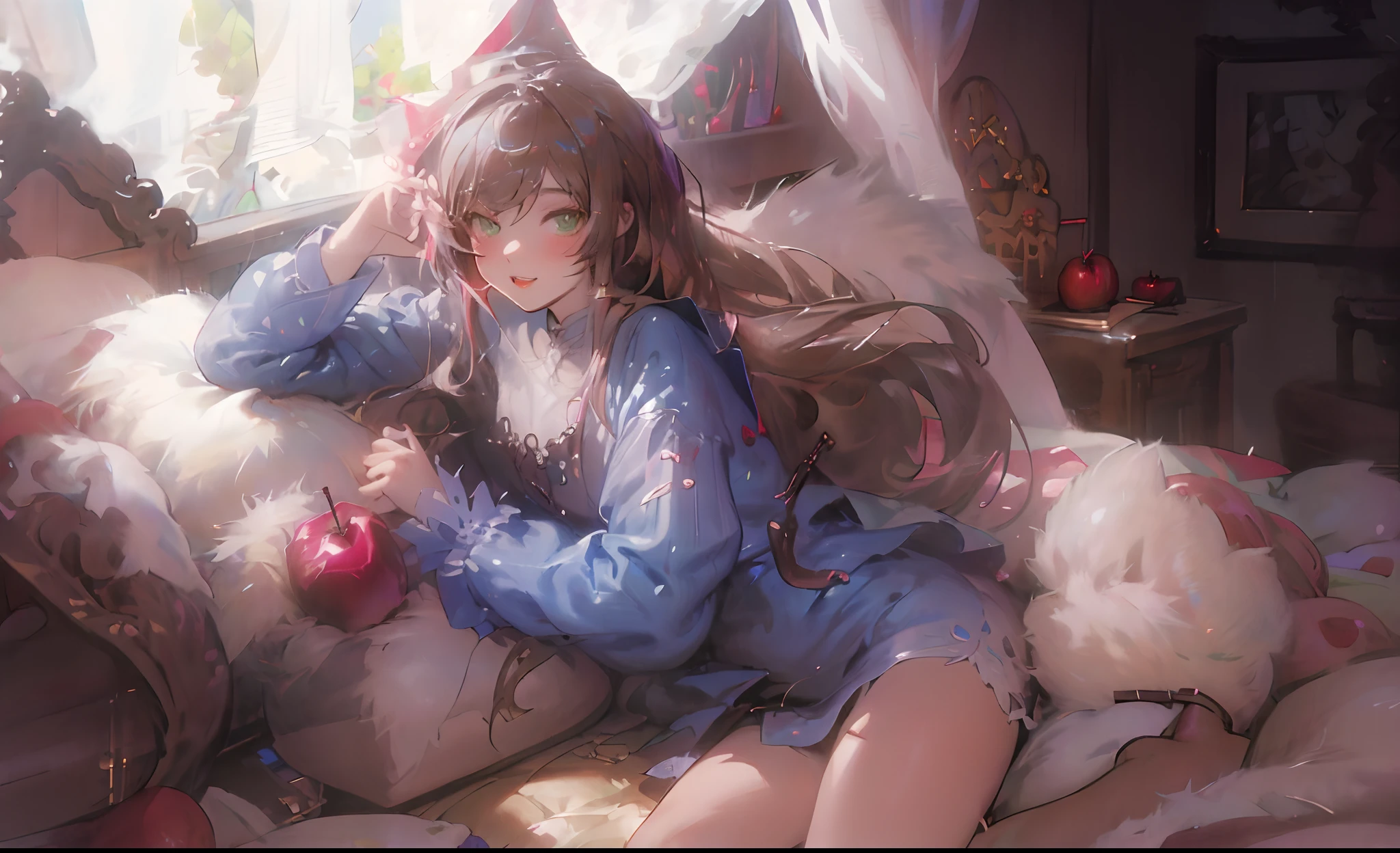 anime girl laying on bed with stuffed animal and stuffed apple, seductive anime girl, smooth anime cg art, extremely detailed artgerm, marin kitagawa fanart, artwork in the style of guweiz, guweiz on pixiv artstation, digital art on pixiv, wlop and sakimichan, guweiz on artstation pixiv