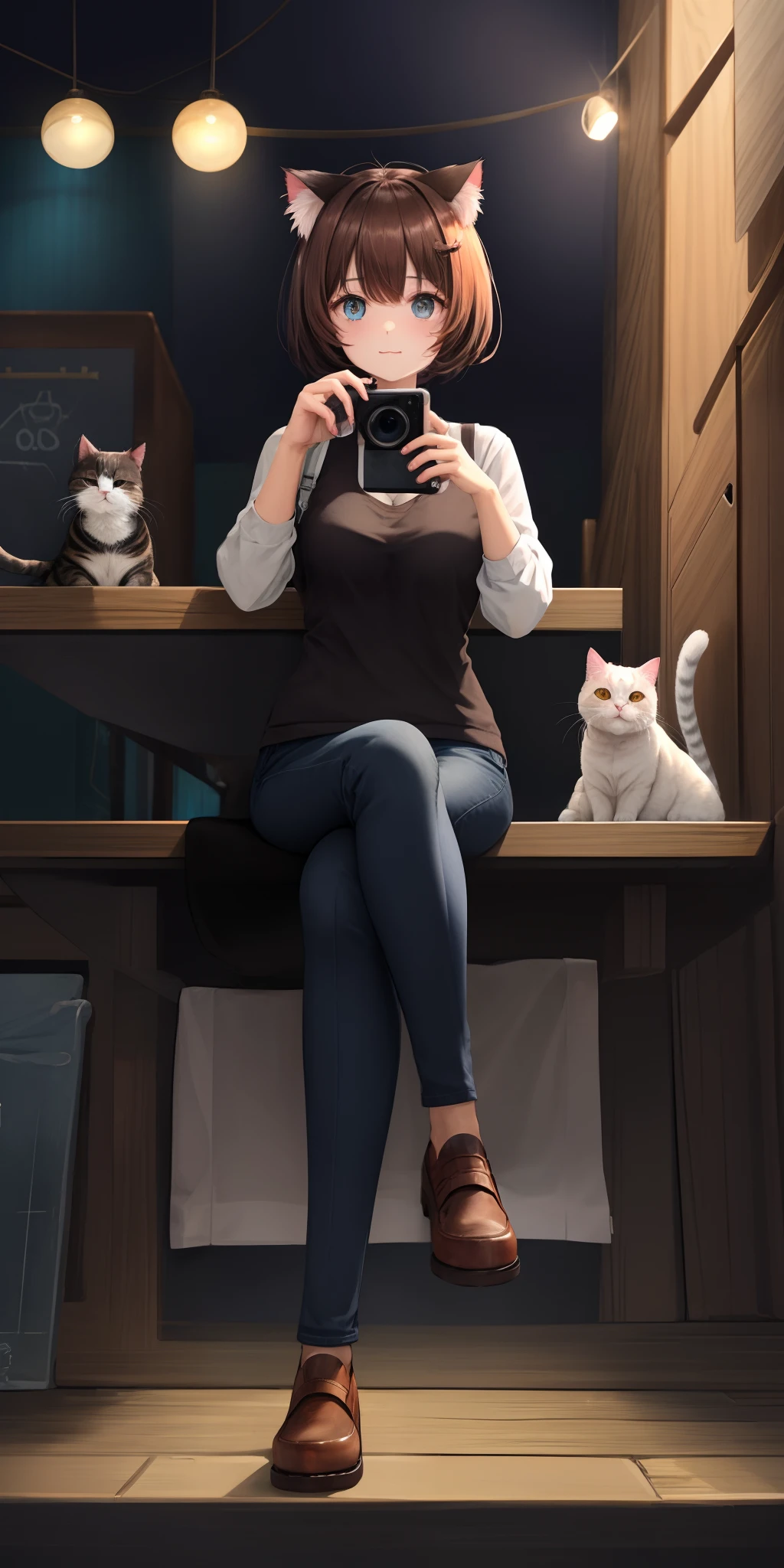 Cat in illustration Brownish Beautiful eyes sitting on kawaii ears stand Looking at the camera