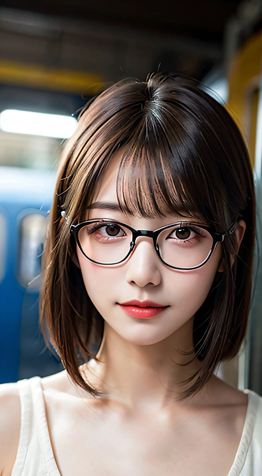 (8K、Raw photography、top-quality、masterpiece:1.2)、(realisitic、Photorealsitic:1.37)、ultra-detailliert、超A high resolution、女の子1人、see the beholder、beautifull detailed face、A smile、Constriction、(Slim waist) :1.3)、short-cut、Beautiful detailed skin、Skin Texture、Floating hair、Professional Lighting、Wait for the platform train、Black square glasses 、Whole human body、Brown hair