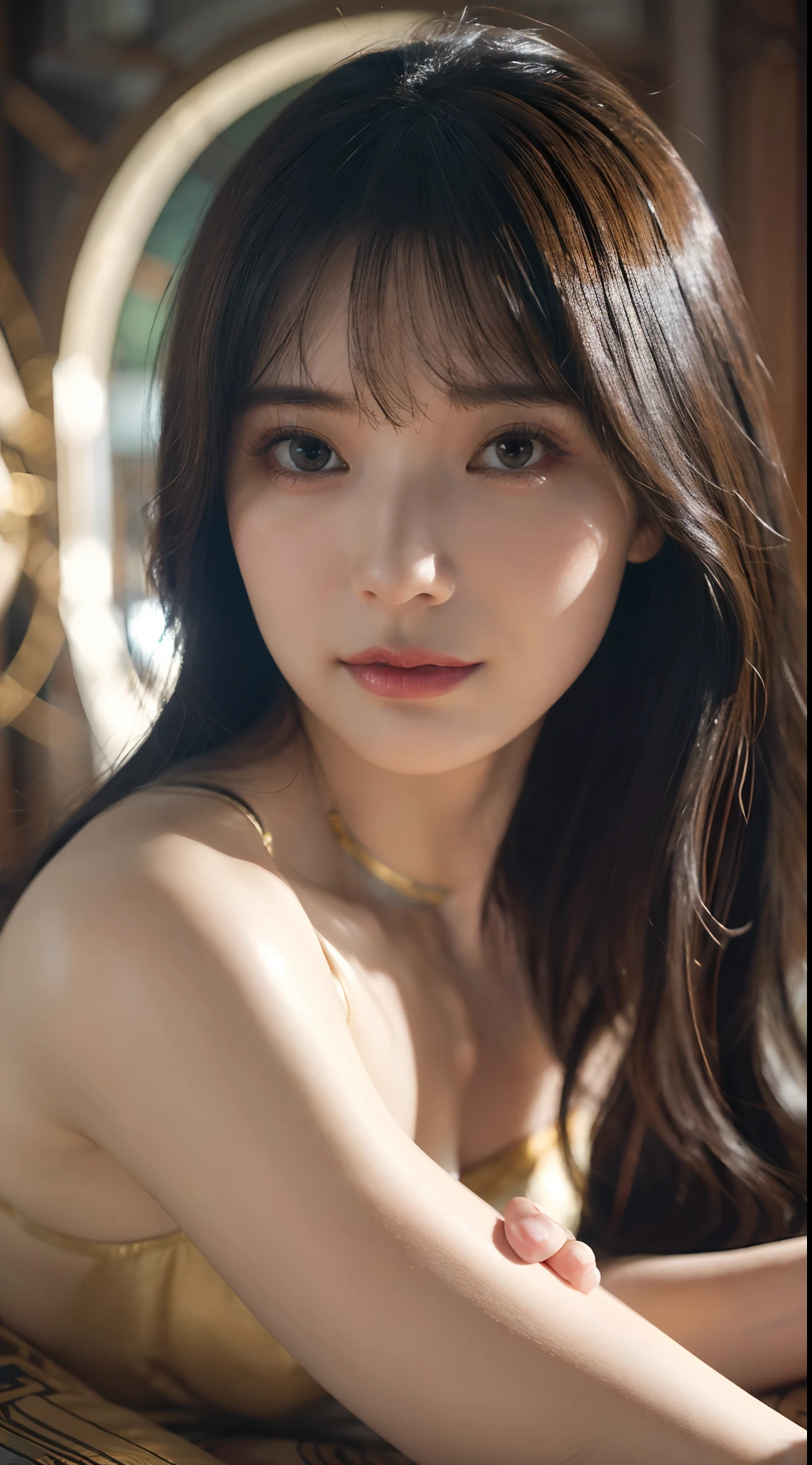 (Ultra Realistic), (Illustration), (Increased Resolution), (8K), (Extremely Detailed), (Best Illustration), (Beautiful and Detailed Eyes), (Best Quality), (Ultra Detailed), (Masterpiece ), ( wallpaper), (detailed face), solo, 1 girl, looking at viewer, fine details, detailed face, in the dark, deep shadows, low key, pureerosfaceace_v1, smiling, long hair, black shawl straight hair , 46 points oblique bangs