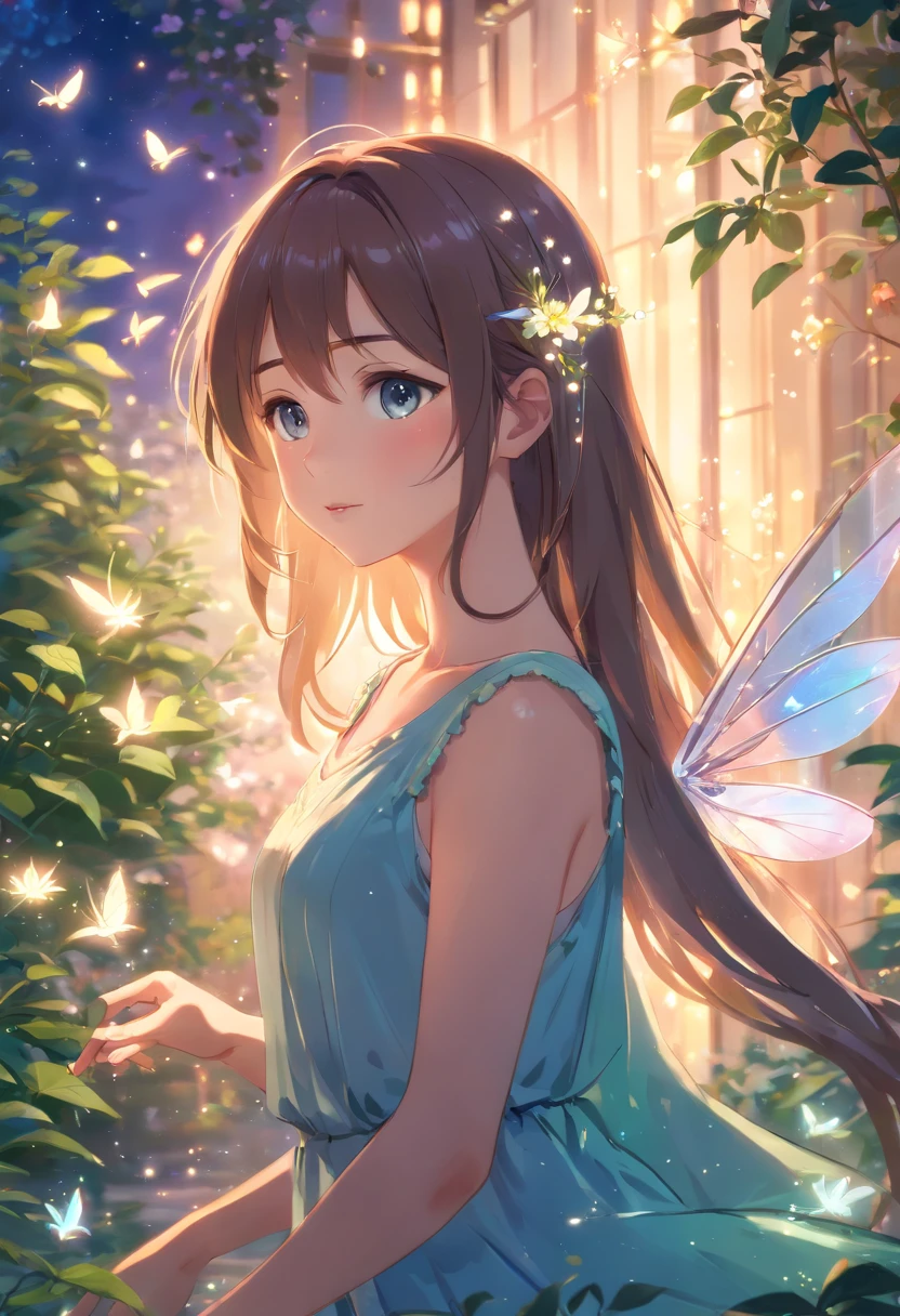 (best quality,4k,8k,highres,masterpiece:1.2),ultra-detailed,(realistic,photorealistic,photo-realistic:1.37),enchanting garden,girl with long flowing hair,beautiful detailed eyes,beautiful detailed lips,glowing fairies,glowing fireflies,dancing fairies,magical moonlight,whimsical atmosphere,colorful blossoms,lush greenery,sparkling dewdrops,soft evening breeze,elegant flower petals,gentle moonlight reflection,serene tranquility,faint scent of flowers,playful movements,ethereal beauty,harmonious symphony of nature,vibrant color palette,flickering lights,twinkling stars,magical ambiance,enchanted atmosphere,dreamlike setting,subtle shimmering,delicate wings,graceful poses,enchanting glow,luminous charm,rich textures,sublime harmony,breathtaking scenery.