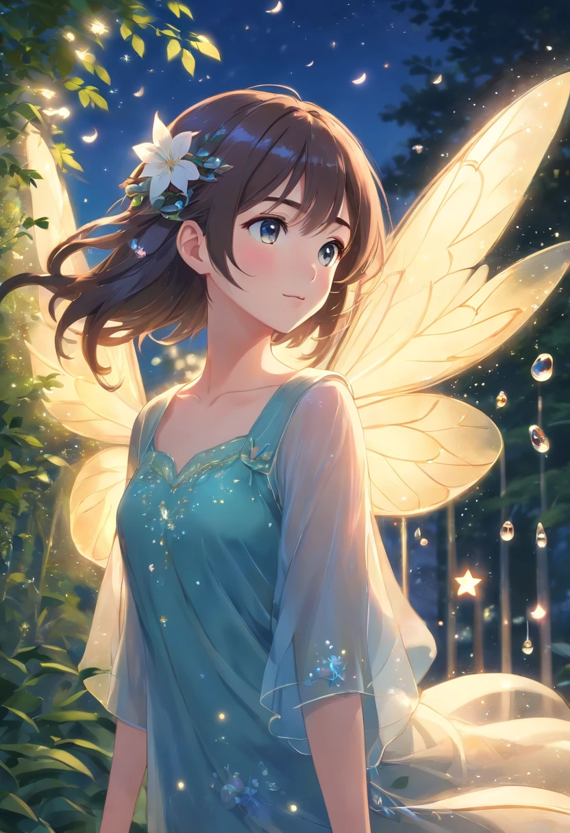 masterpiece, 1 Fairy, Flying fairy girl, Perfect Face, Light, Glass Tree Forest, Dramatic lighting,  Blindfold, Super detailed, floating glow Lights, Depth of written boundary, (Shining Dust)