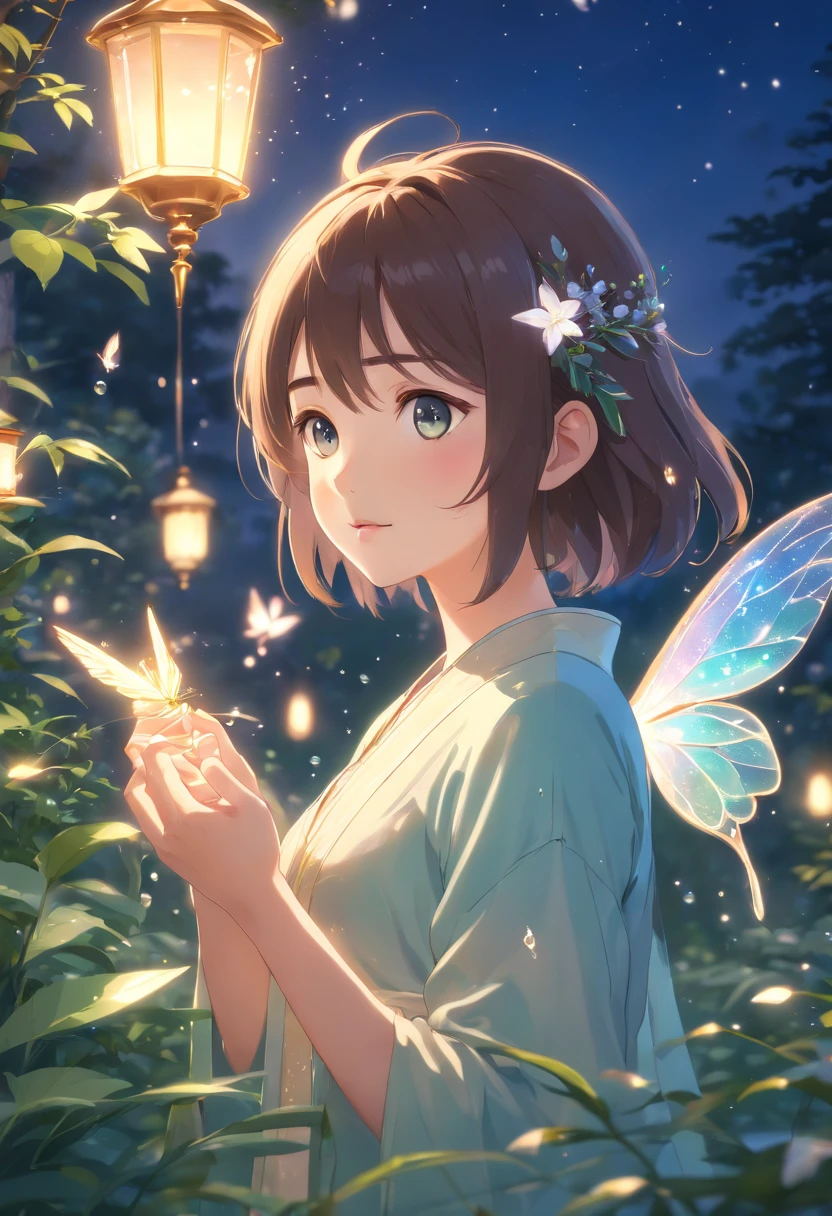 (best quality,4k,8k,highres,masterpiece:1.2),ultra-detailed,(realistic,photorealistic,photo-realistic:1.37),enchanting garden,girl with long flowing hair,beautiful detailed eyes,beautiful detailed lips,glowing fairies,glowing fireflies,dancing fairies,magical moonlight,whimsical atmosphere,colorful blossoms,lush greenery,sparkling dewdrops,soft evening breeze,elegant flower petals,gentle moonlight reflection,serene tranquility,faint scent of flowers,playful movements,ethereal beauty,harmonious symphony of nature,vibrant color palette,flickering lights,twinkling stars,magical ambiance,enchanted atmosphere,dreamlike setting,subtle shimmering,delicate wings,graceful poses,enchanting glow,luminous charm,rich textures,sublime harmony,breathtaking scenery.