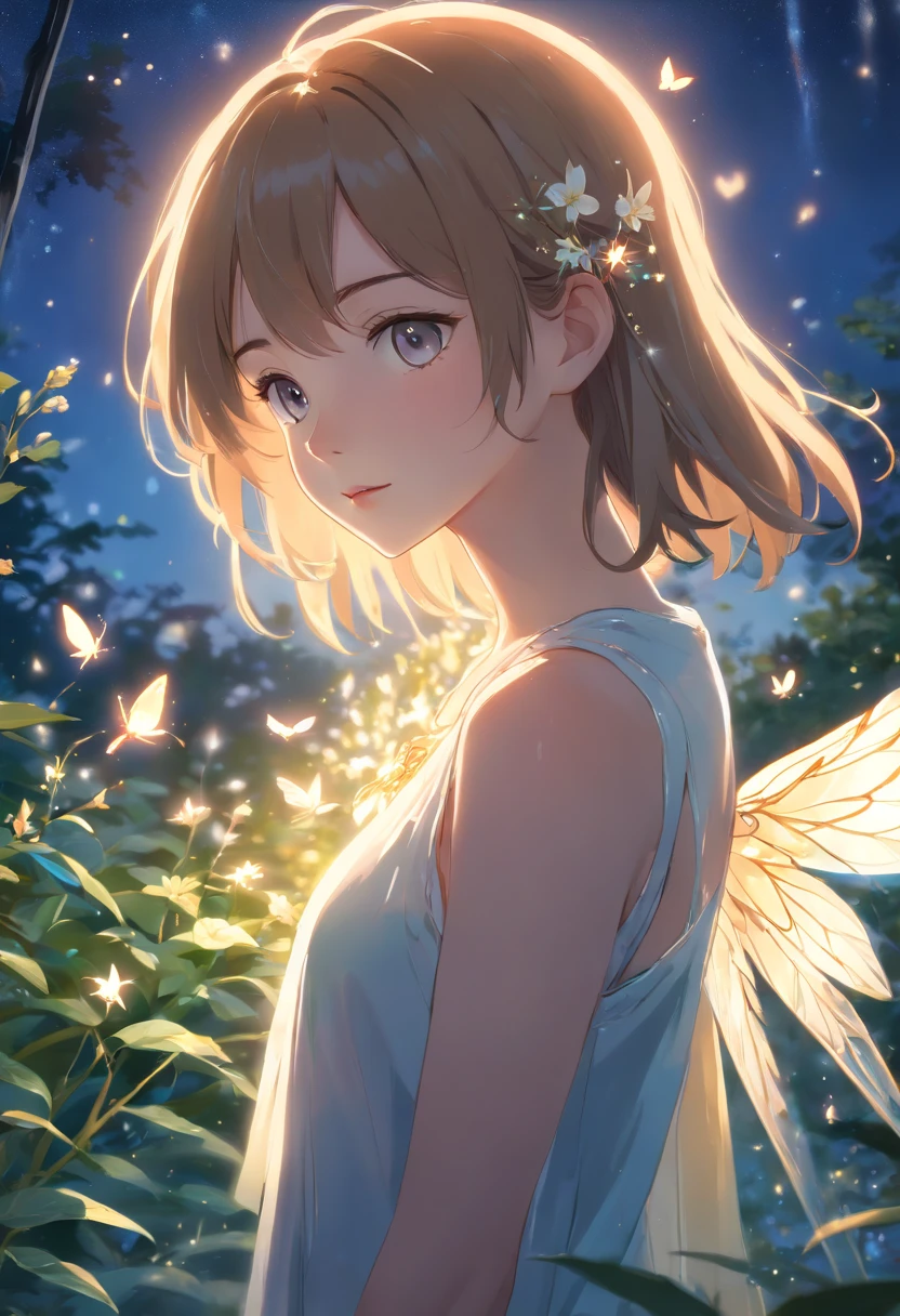 (best quality,4k,8k,highres,masterpiece:1.2),ultra-detailed,(realistic,photorealistic,photo-realistic:1.37),enchanting garden,girl with long flowing hair,beautiful detailed eyes,beautiful detailed lips,glowing fairies,glowing fireflies,dancing fairies,magical moonlight,whimsical atmosphere,colorful blossoms,lush greenery,sparkling dewdrops,soft evening breeze,elegant flower petals,gentle moonlight reflection,serene tranquility,faint scent of flowers,playful movements,ethereal beauty,harmonious symphony of nature,vibrant color palette,flickering lights,twinkling stars,magical ambiance,enchanted atmosphere,dreamlike setting,subtle shimmering,delicate wings,graceful poses,enchanting glow,luminous charm,rich textures,sublime harmony,breathtaking scenery.