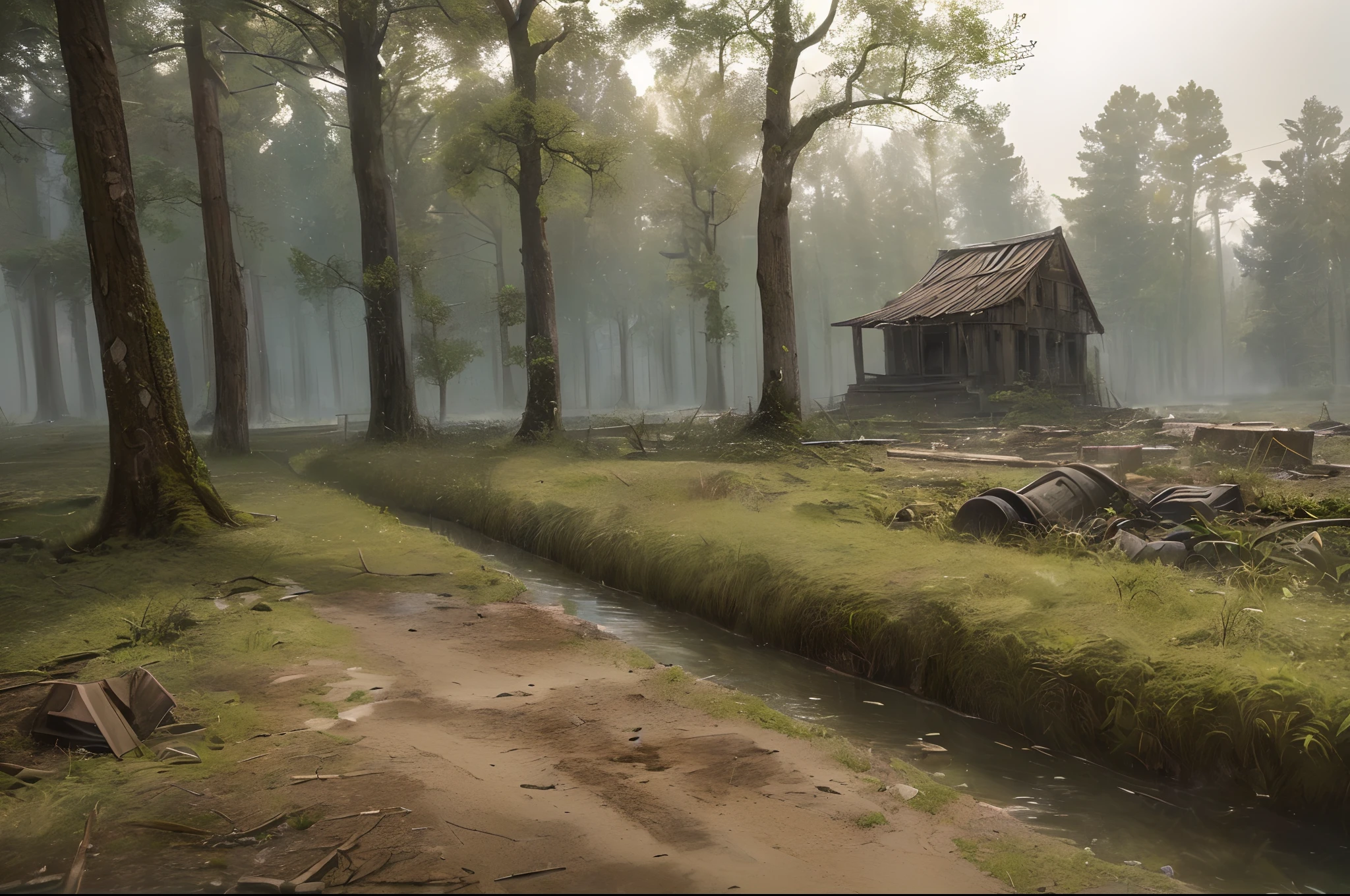 ((masterpiece, ultra realistic,32k,extremely detailed CG unity 8k wallpaper, best quality, Ultra HD)), ((a middle forest with strange trees)), (((stranger tree))), (((grass))), ((abandoned ruins)), fallen bricks, weeds, rubble, (((post-apocalyptic style))), dust, horror mood, (((Background anime)))