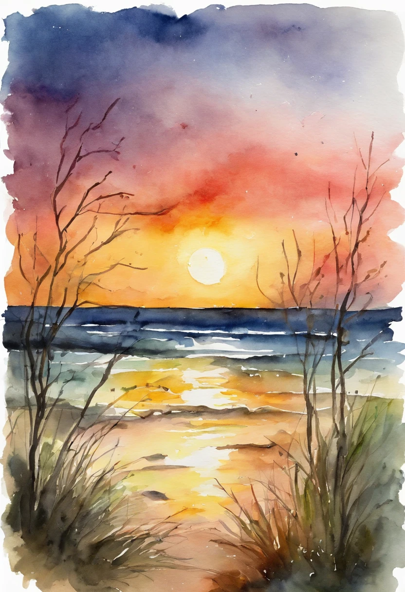 Draw an evening sunset near the sea. depict how the sun sets and twilight appears. The sea is quiet