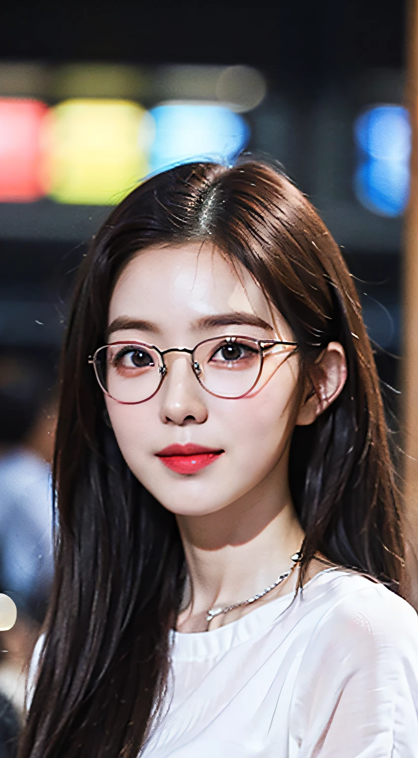 (8K、Raw photography、top-quality、masterpiece:1.2)、(realisitic、Photorealsitic:1.37)、ultra-detailliert、超A high resolution、1人、see the beholder、beautifull detailed face、Smile, (facing front)、Constriction、(Slim waist) :1.3)、Beautiful detailed skin、Skin Texture、Floating hair、Professional Lighting、Wait for the platform train、Black square glasses 、Whole human body、Brown hair、slim figure、Skinny face、thin jaws