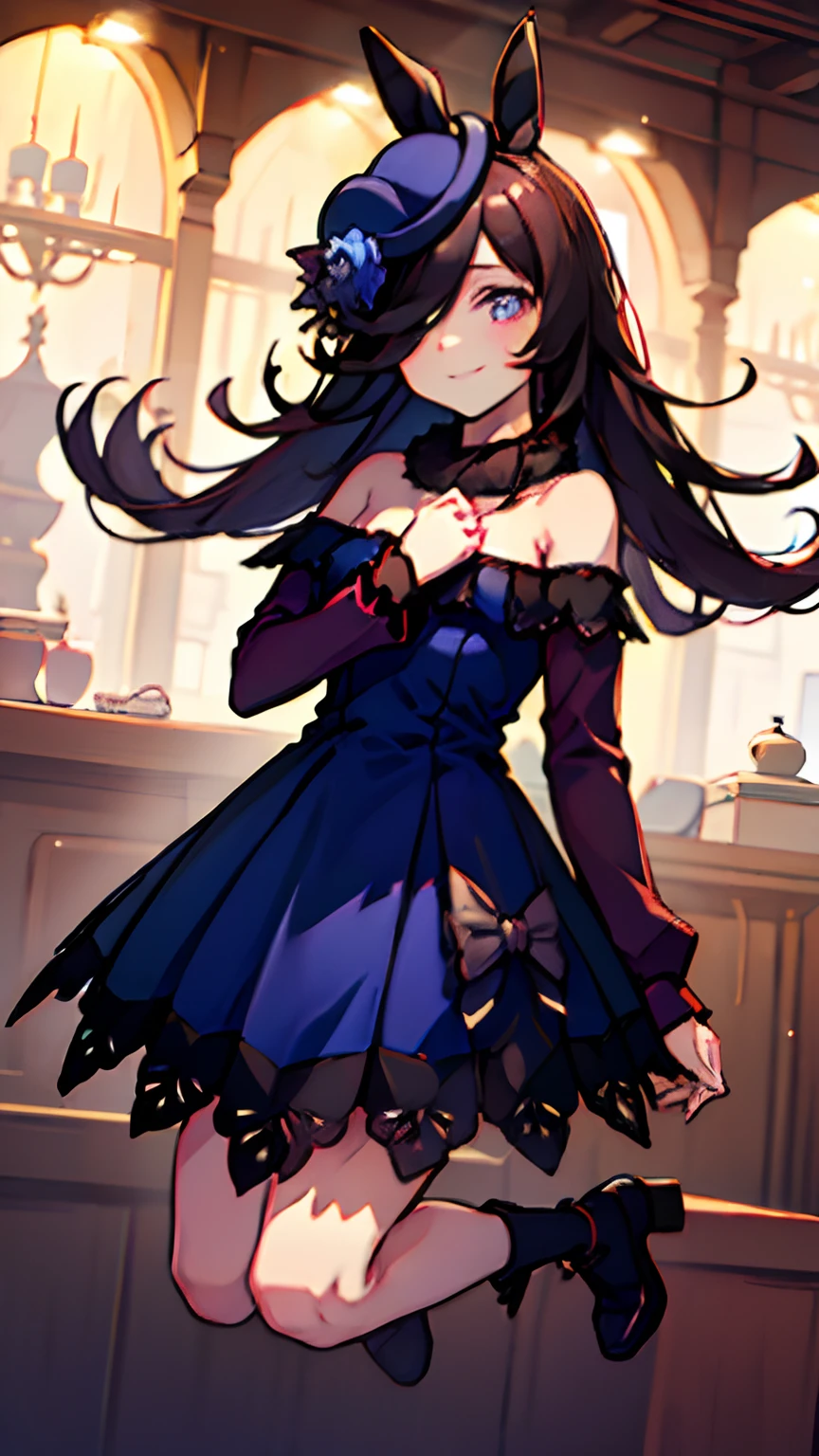 masutepiece, Best Quality,
RiceShower \(Umamusume\),
Full body, radiant eyes, fiery eyes, 
blue headwear, Inclined hat, hat flower,  Long sleeves, Purple Sleeve, sleeves past wrists, Fur collar, Off shoulder dress, Bare shoulders, Blue Dress, dress bow,  cowboy  shot、A smile、The upper part of the body