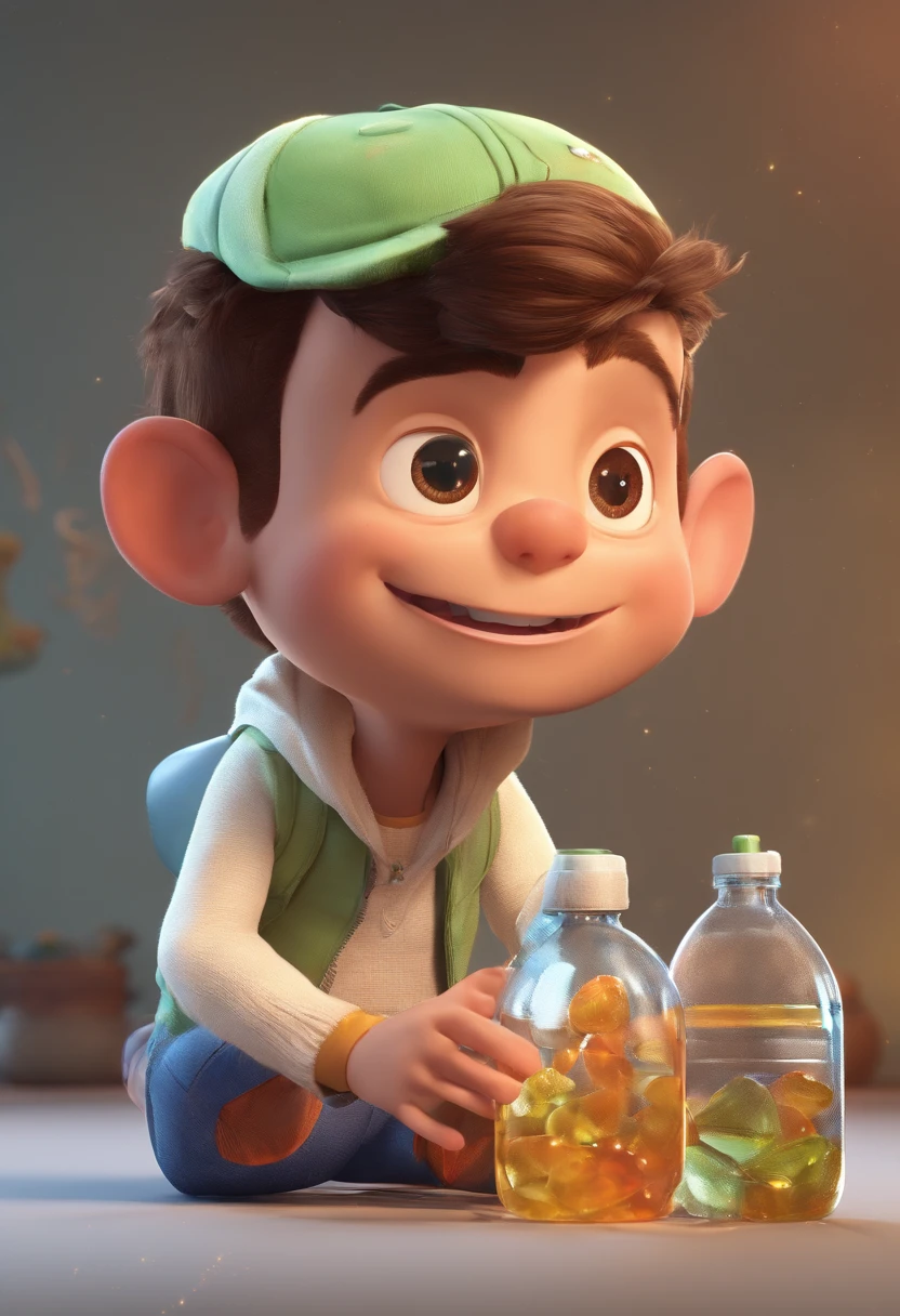 Um post de filme inspirado na Disney Pixar. A cena deve ser no estilo de arte digital distinto da Pixar, with a focus on character expressions, Vibrating Colors, and detailed textures that are characteristic of this animation.
Trata-se de um brasileiro de 31 anos. com barba e camisa preta, com uma barba pequena e estreita, Rounded head, pele branca, pouco arafed e brasileiro, olhos pesados para o lado, tecer cabelos curtos para o lado esquerdo. Surrounded by large bottles of water