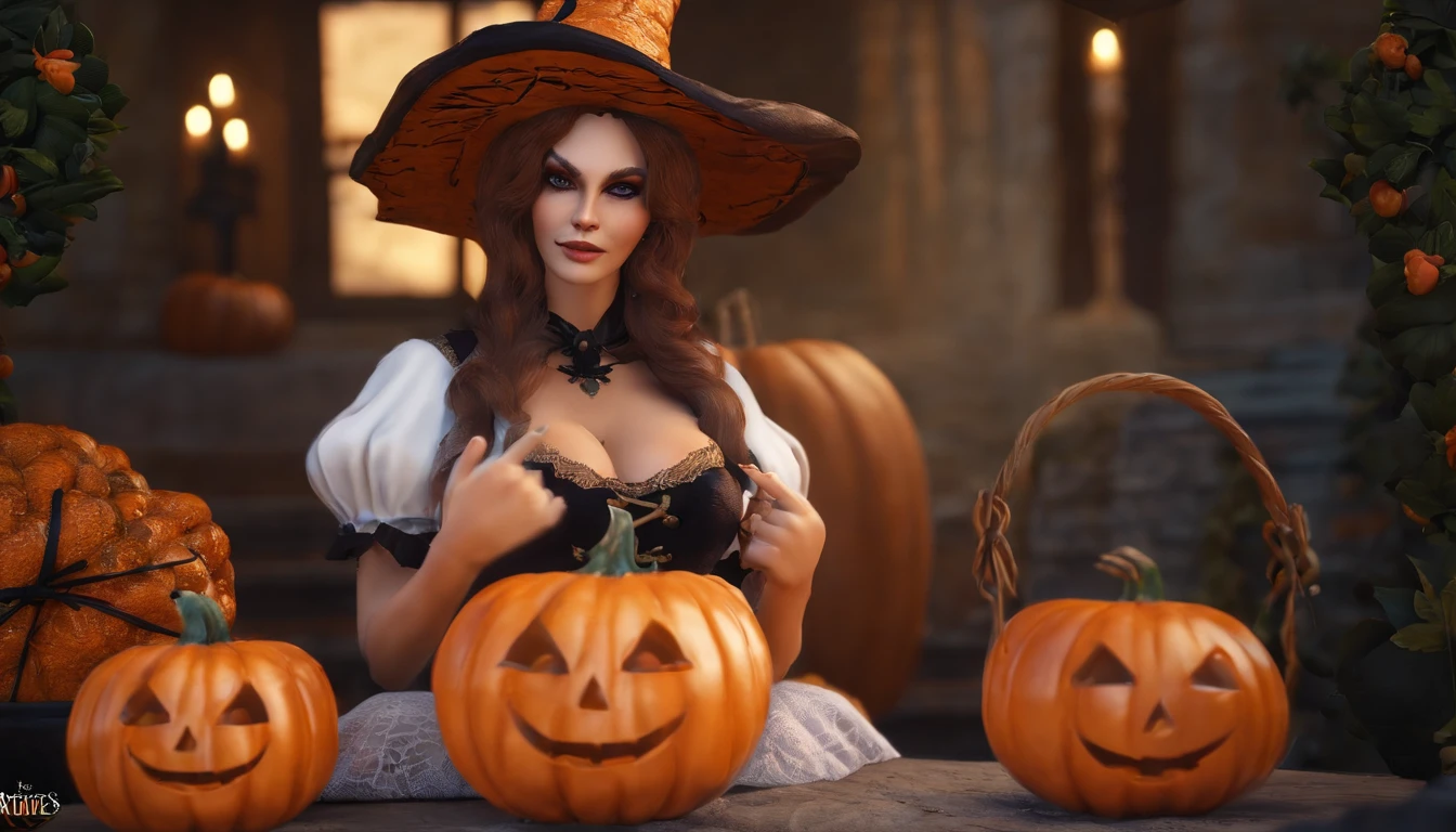 halloween, Female 45 years old, curvilinear, bruja, pelo muy revuelto, apariencia de loca, huerto de calabazas, casa embrujada, aquelarre, perversa, caldero, pociones, mirada intensa, Hysterical, sombrero puntiagudo de bruja, hoguera, mesa de madera, prisionero, provocando miedo, casa destartalada, cama de paja, noche, luna llena, dark lighting, lluvia, tetas, descuartizando un pollo, cuchillo grande en las manos