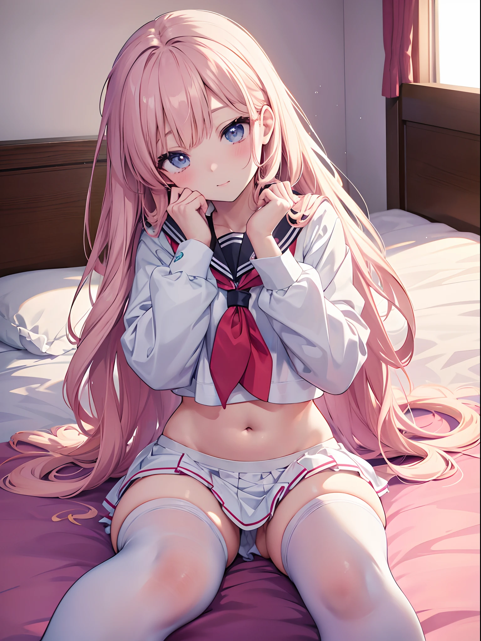 Anime girl lying on bed、Put your hands on your stomach, a hyperrealistic schoolgirl, a hyperrealistic schoolgirl, Realistic Schoolgirl, Ecchi, the anime girl is crouching, high detailing!!, beautiful anime girl squatting, giantess art, Anime Barbie in white stockings, photorealistic anime, [ photos realistic ]!!, Very realistic