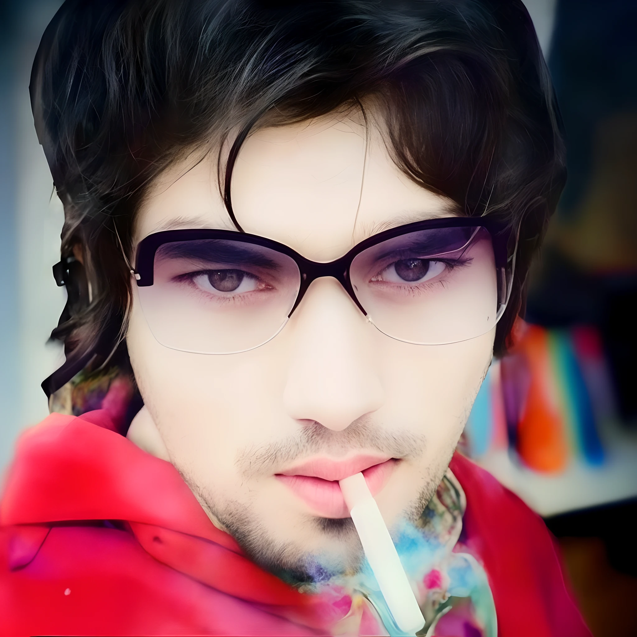 there is a man with glasses and a red jacket smoking a cigarette, photorealistic!!!!!!! art style, made with photoshop, zayn malik, with glasses, inspired by Amir Zand, edited in photoshop, self - portrait!!!!, !!wearing glasses!!, realistic portrait photo, closeup portrait shot, realism artstyle, with accurate face, [ digital art ]!!, with glasses on